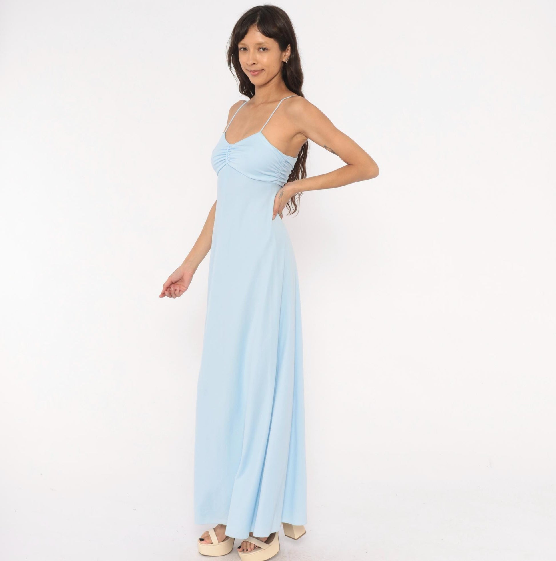 70s Baby Blue Maxi Dress Spaghetti Strap Sweetheart Neckline Empire Waist Extra Small XS