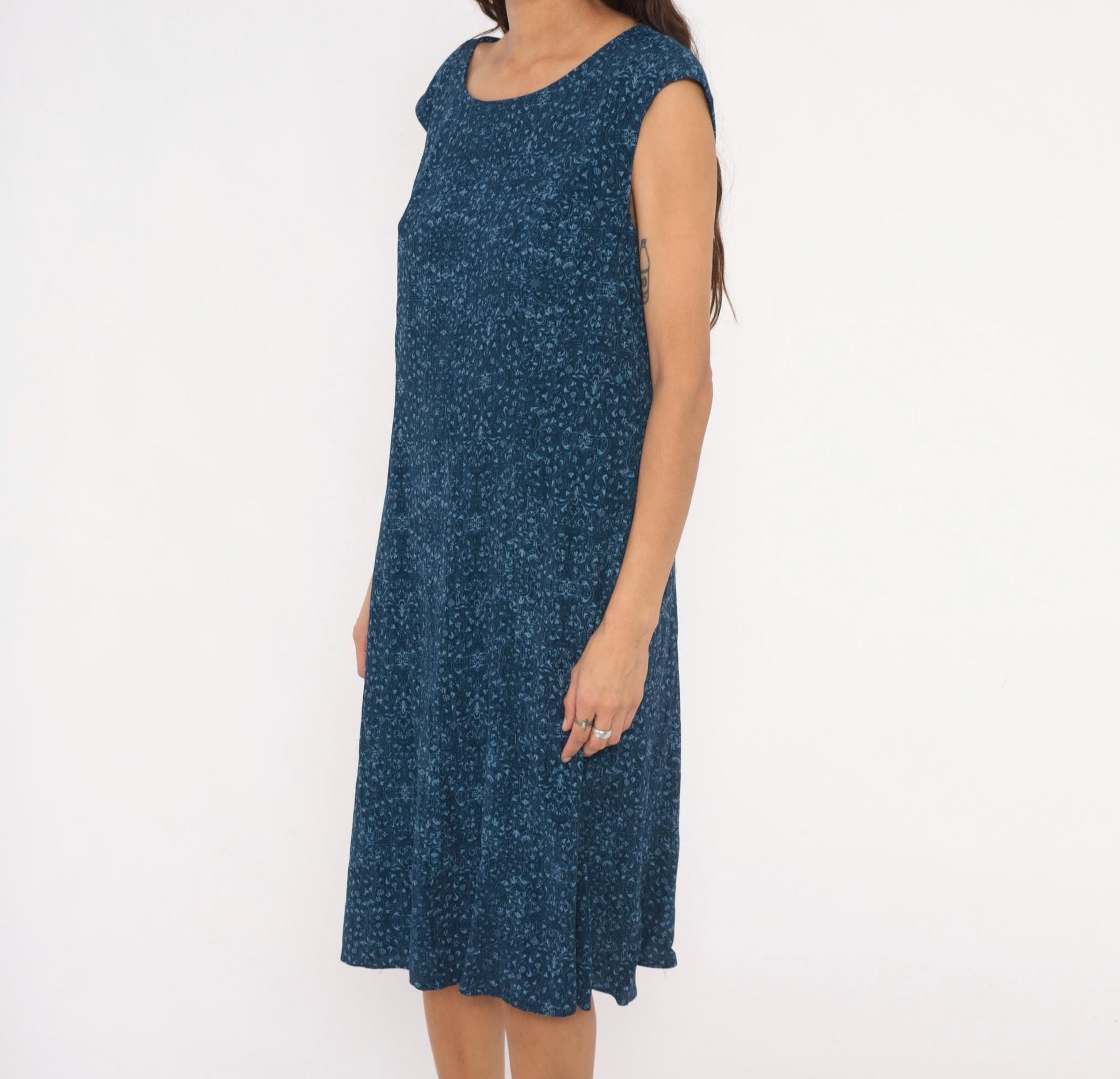 90s Talbots Indigo Floral Cotton Shift Dress Navy Cap Sleeve Large L