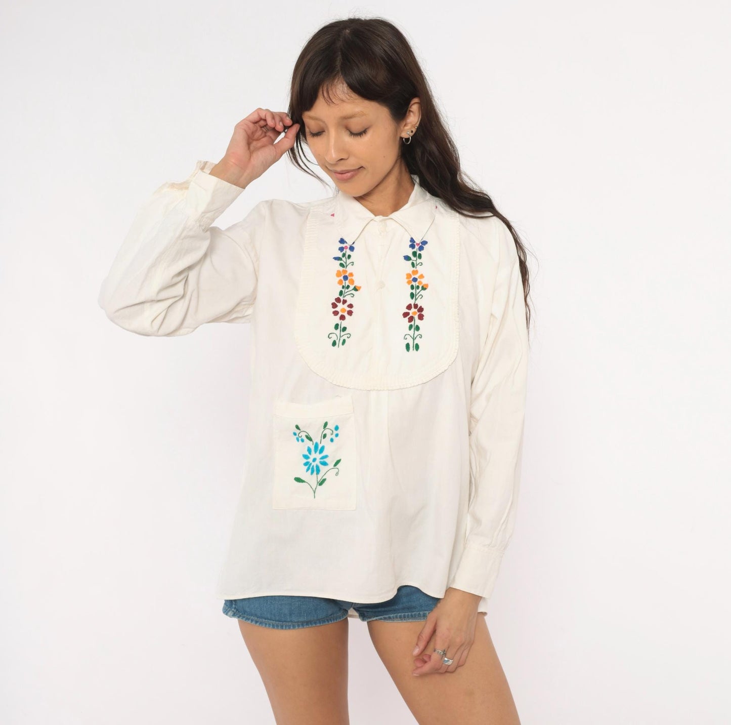 70s Mexican Embroidered Floral Blouse Cream Cotton Peasant Top Medium