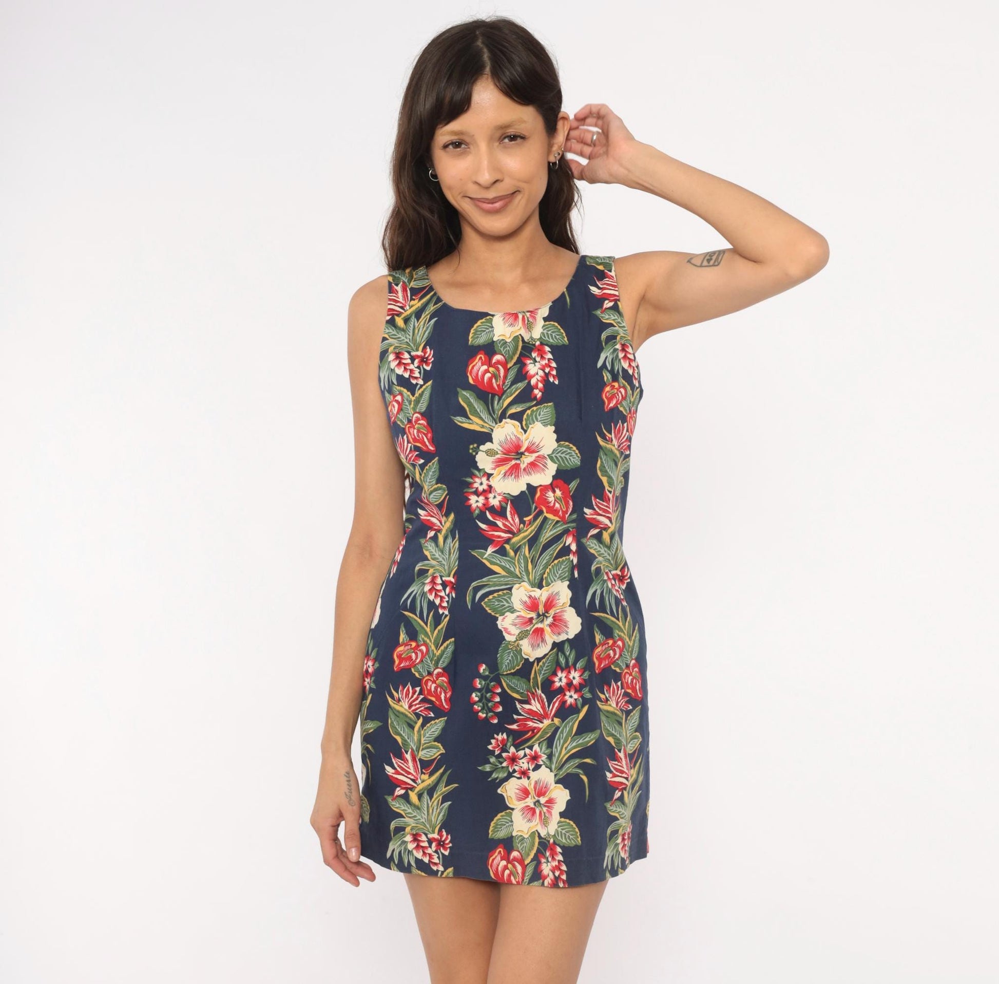 90s Chili Pepa Hawaii Tropical Mini Dress Navy Hibiscus Floral Cotton XS