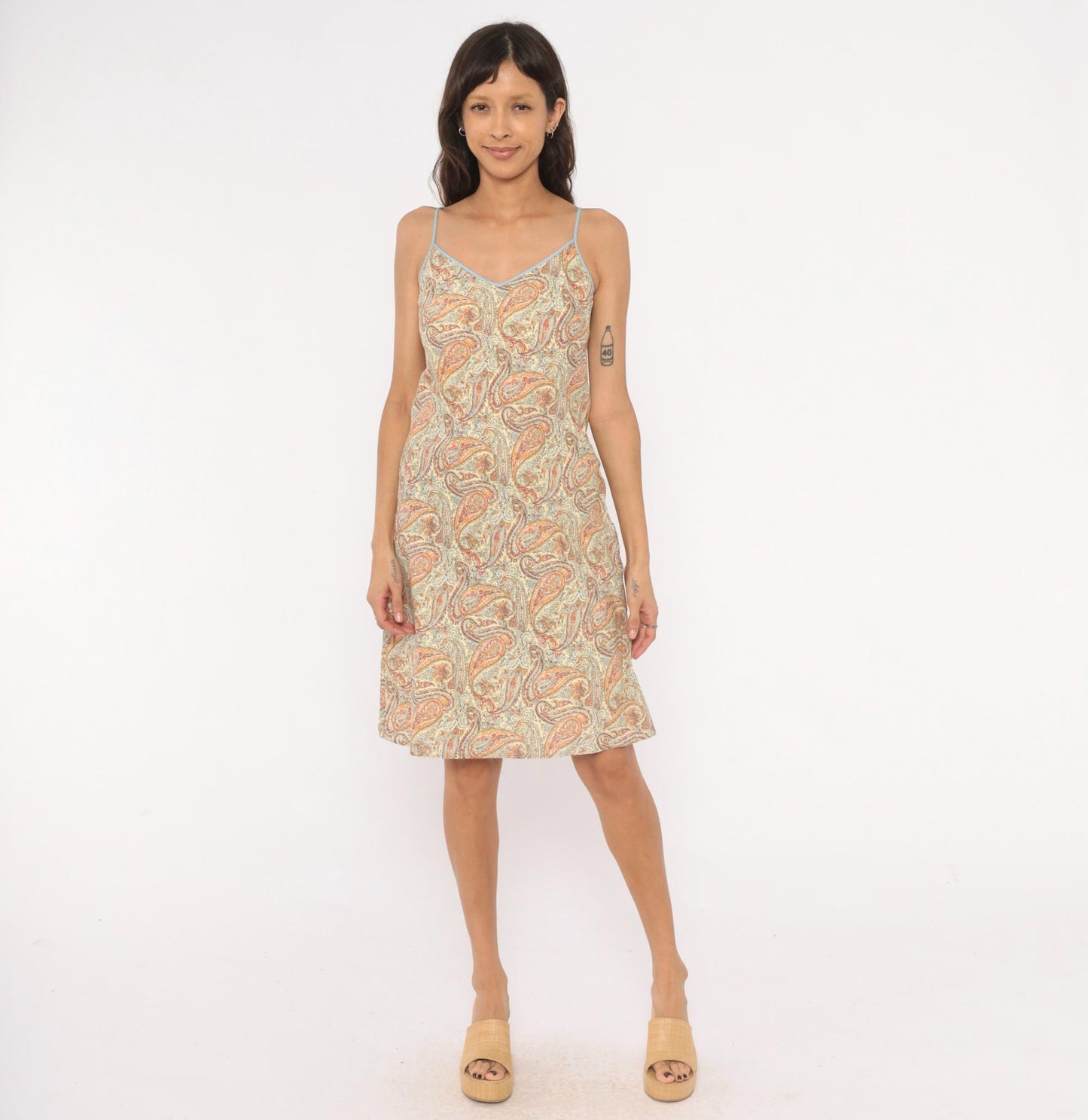 Y2K J.Crew Paisley Slip Dress Cream Orange Spaghetti Strap Knee-Length Small