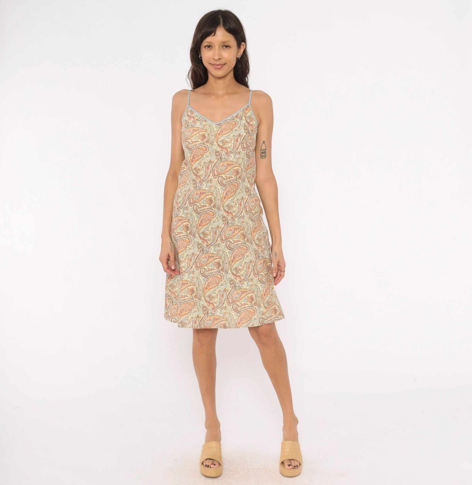 Y2K J.Crew Paisley Slip Dress Cream Orange Spaghetti Strap Knee-Length Small