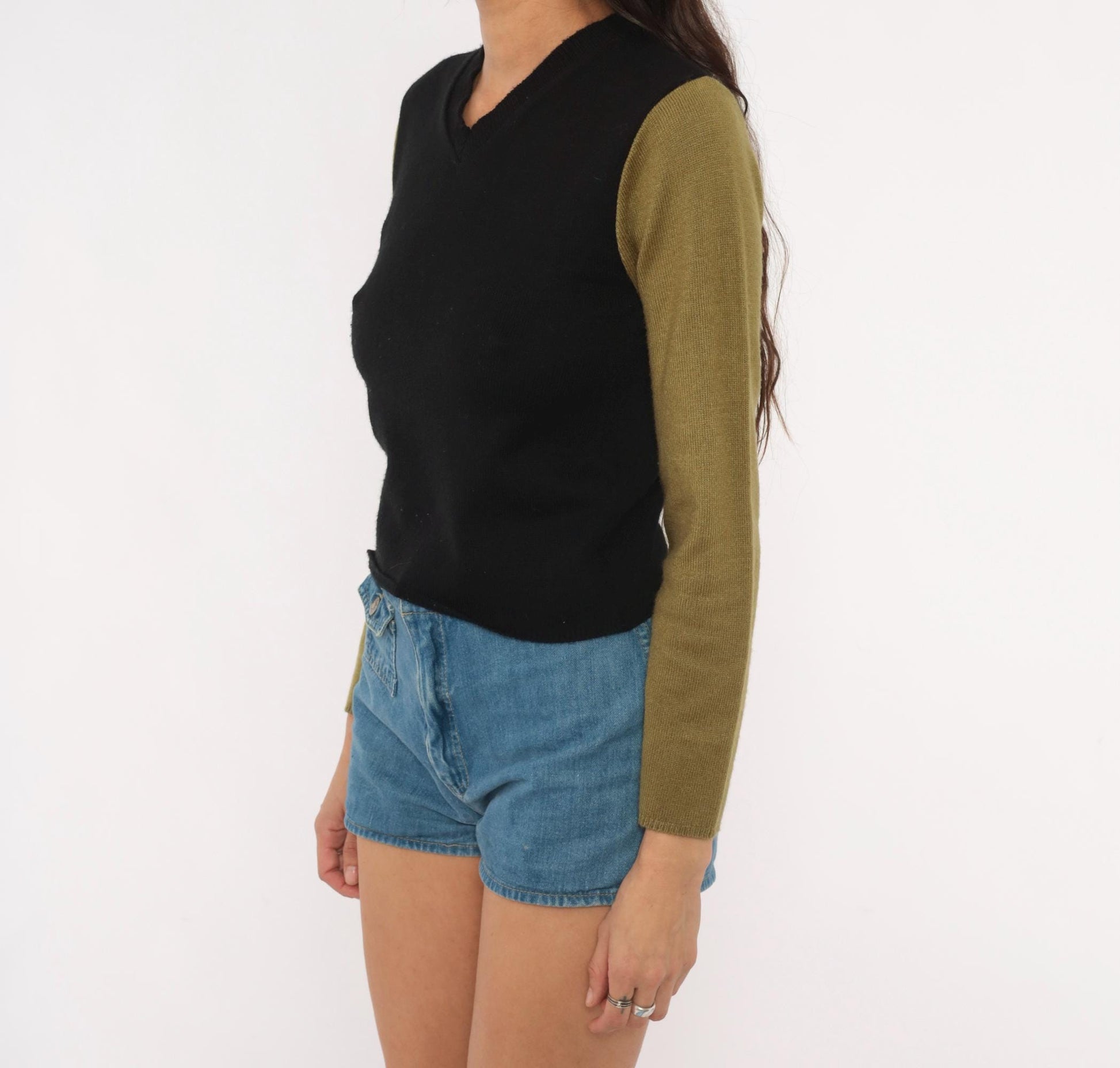 90s Catch 22 Color Block V-Neck Sweater Black Olive Green Small