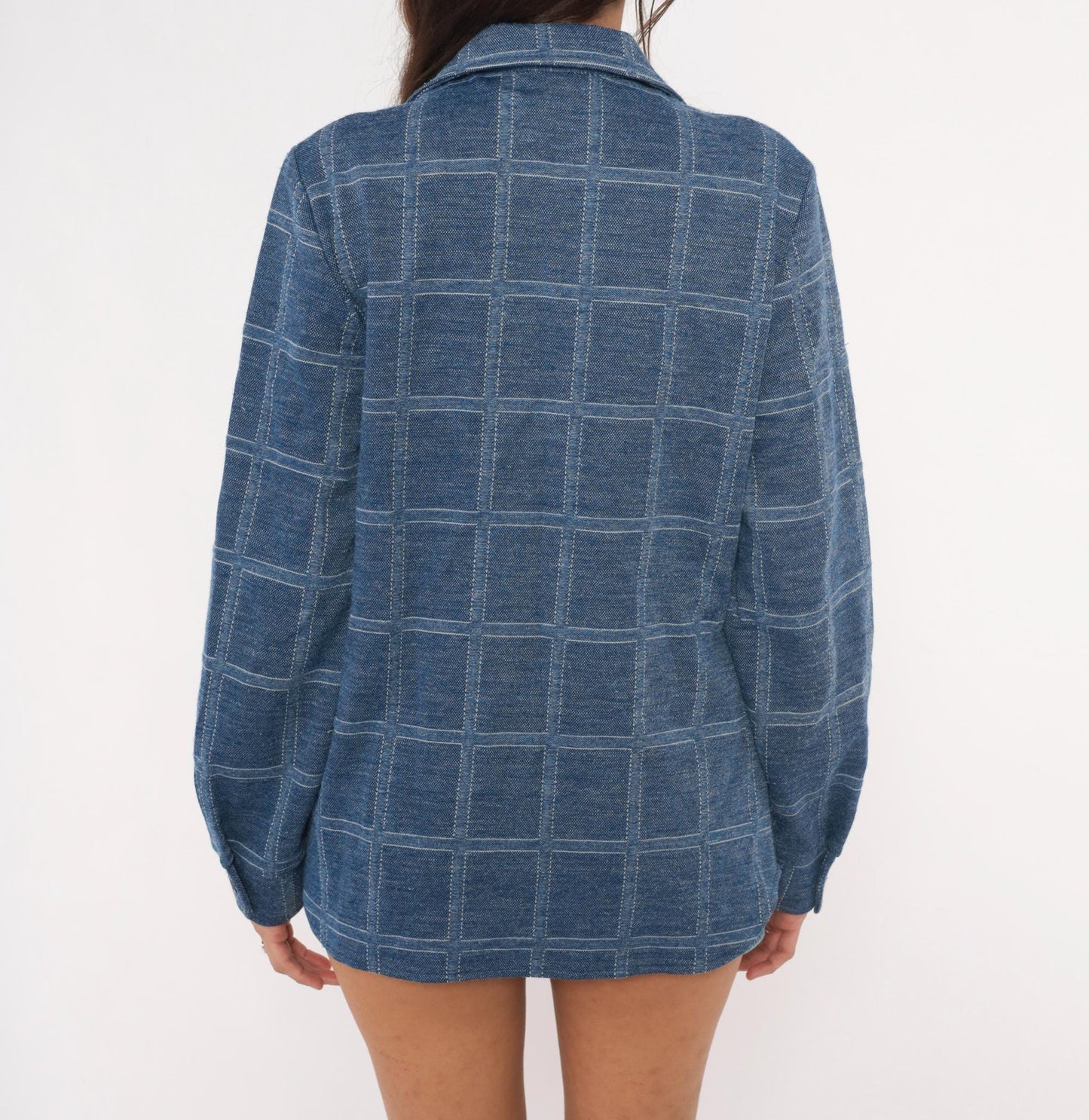 70s Sears Fashions Windowpane Plaid Shirt Navy Blue Pointed Collar Tunic Large