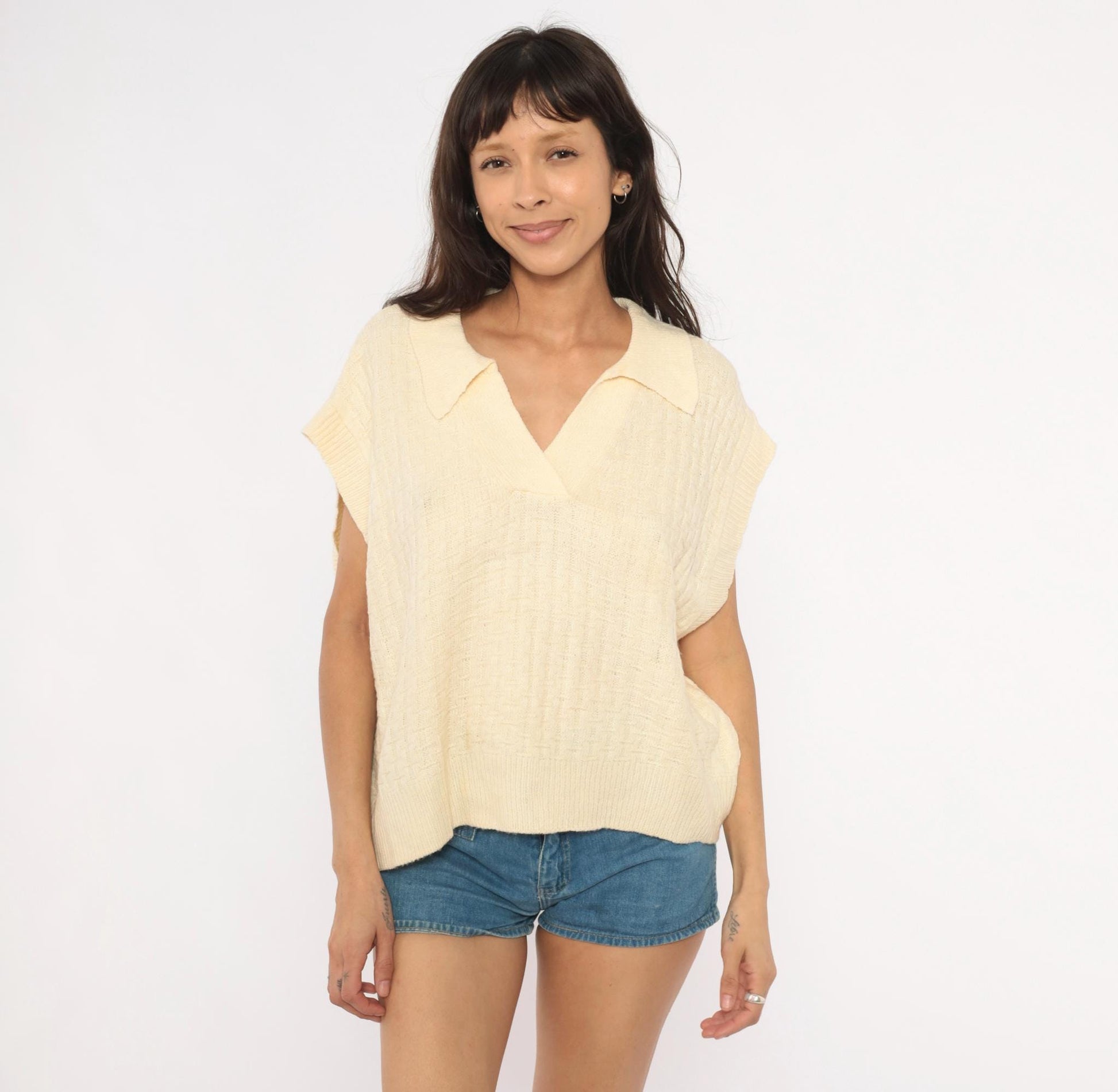70s Cream Knit Polo Sweater Cap Sleeve V-Neck Collared Pullover Extra Large XL
