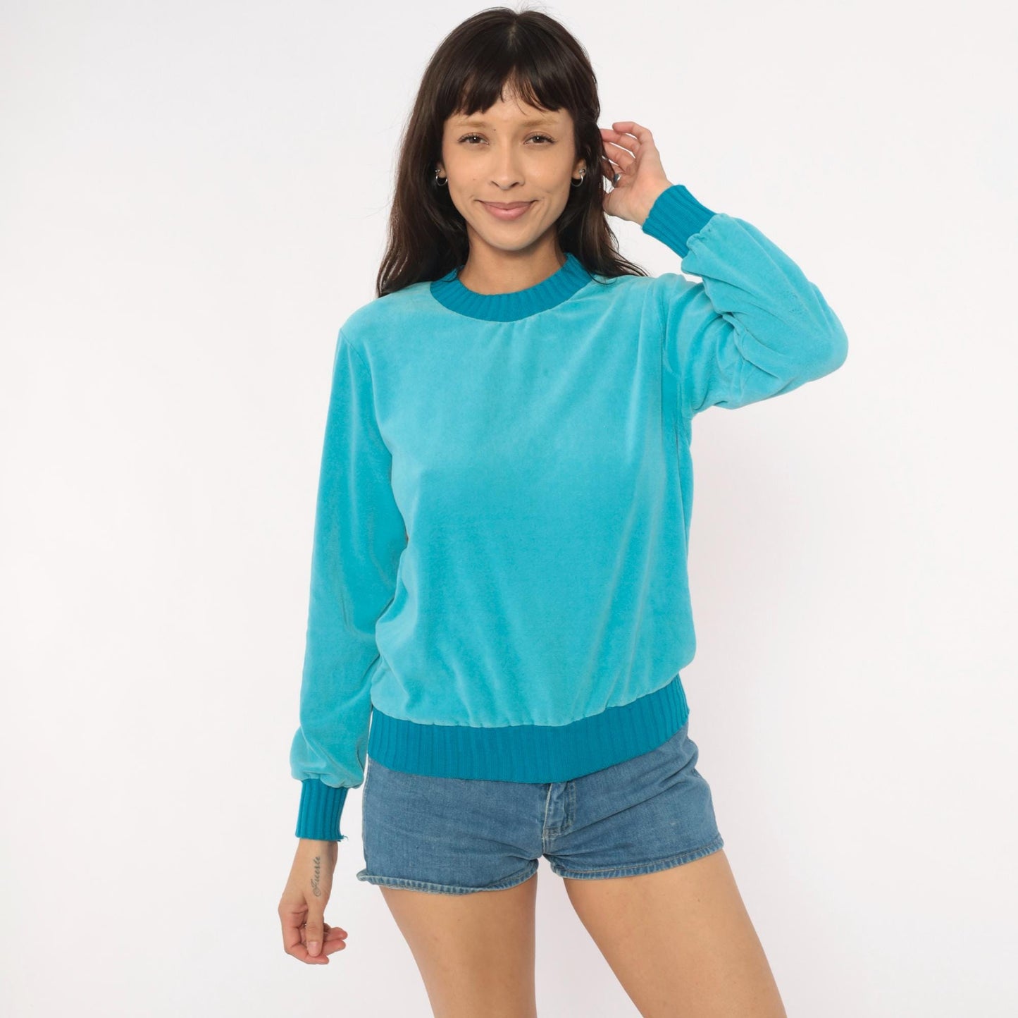 80s Sears Velour Crewneck Sweatshirt Teal Aqua Ribbed Trim Small