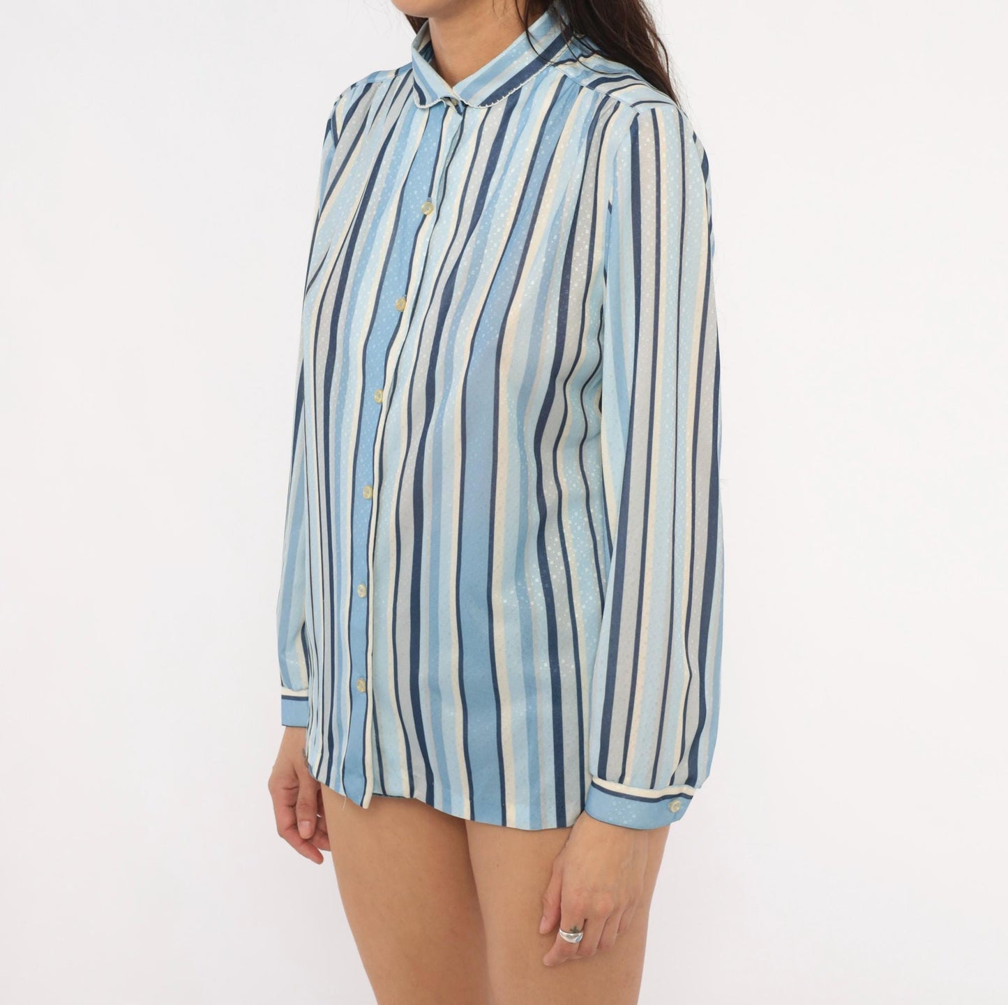 70s Queen Casuals Striped Button Blouse Peter Pan Collar Navy Cream Medium M
