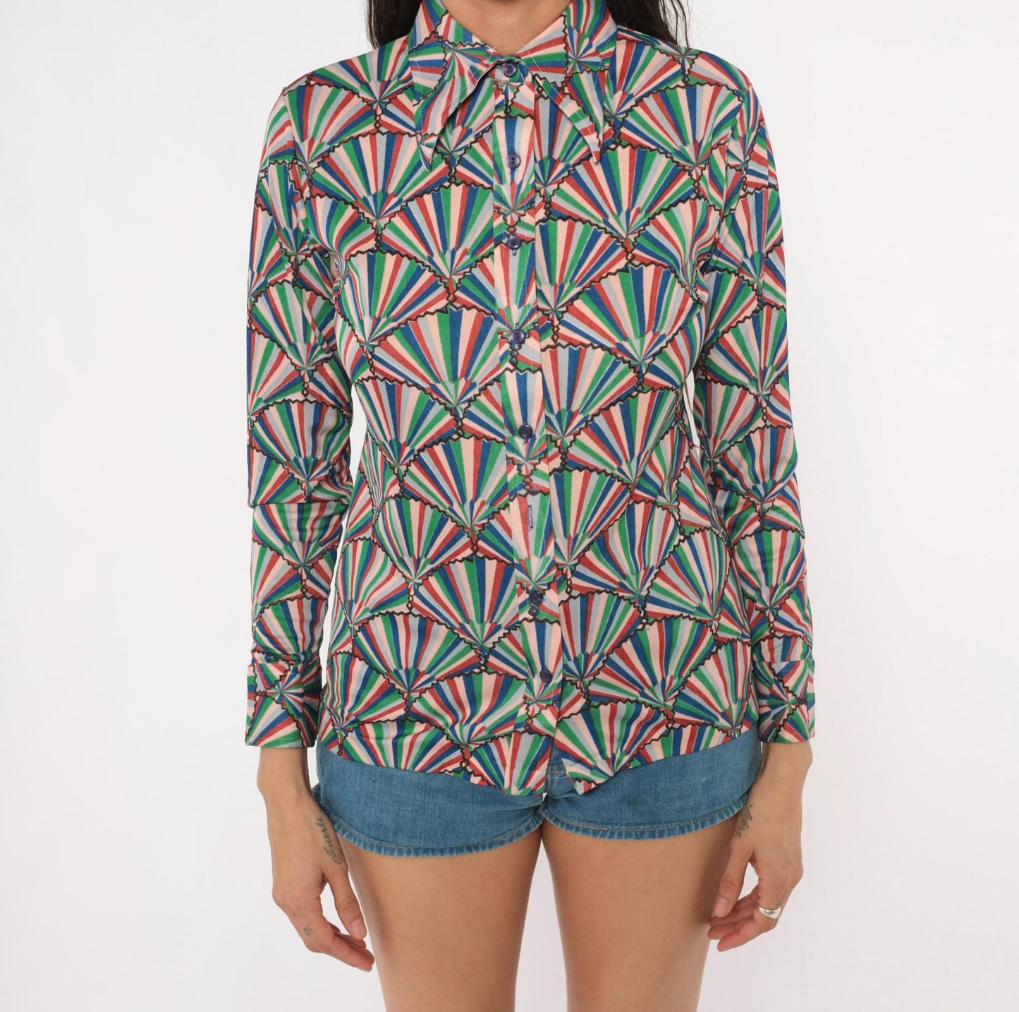 70s Helen Sue Fan Print Shirt Geometric Button Front Pointed Collar Small