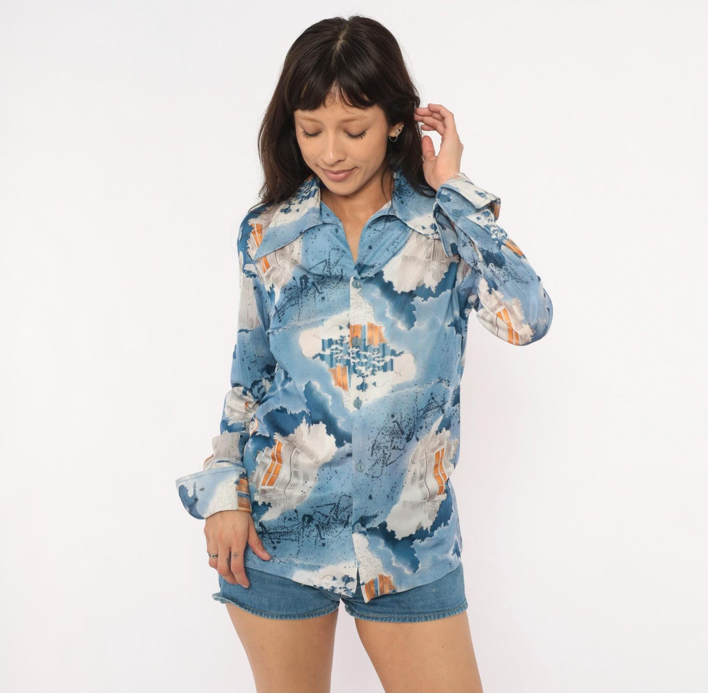 70s Triumph of California Architectural Print Shirt Blue Pointed Collar Medium