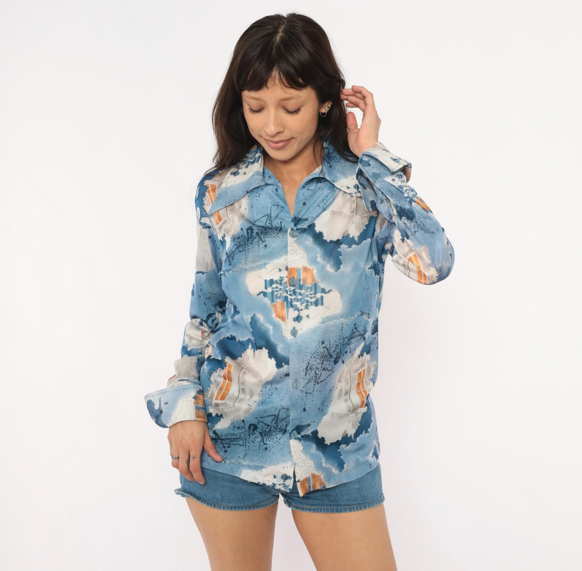 70s Triumph of California Architectural Print Shirt Blue Pointed Collar Medium