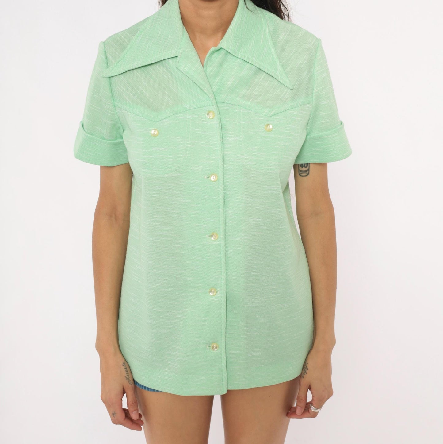 70s West Coast Fashions Mint Green Western Yoke Shirt Cuffed Sleeve Large L