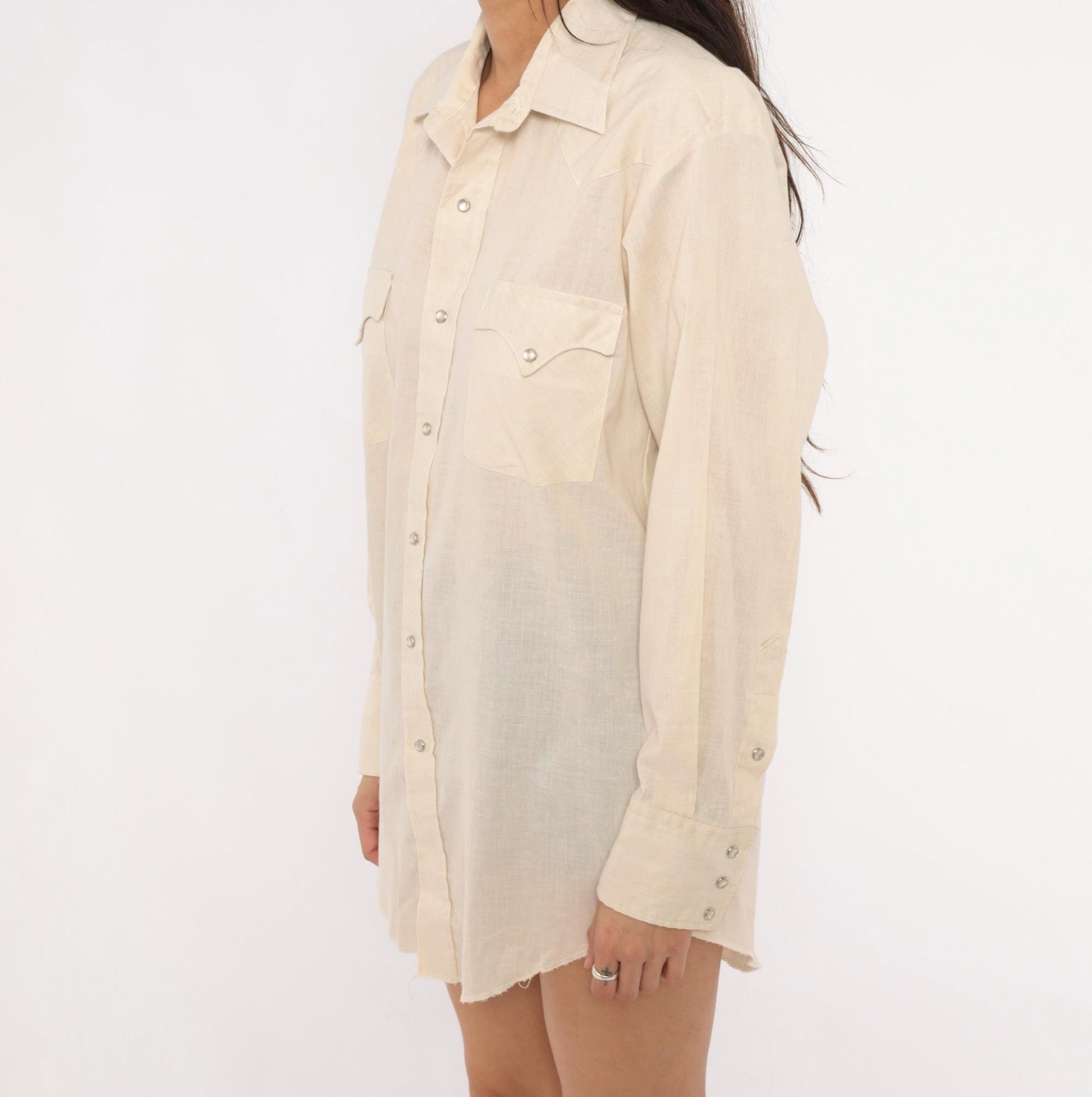 80s Karman Western Shirt Cream Pearl Snap Button Pointed Collar Mens Medium
