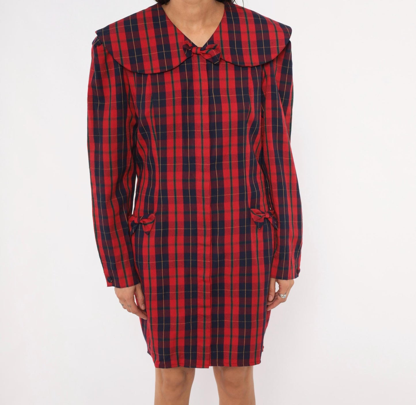 80s Sharon Young Plaid Shift Dress Red Navy Tartan Peter Pan Collar Large L