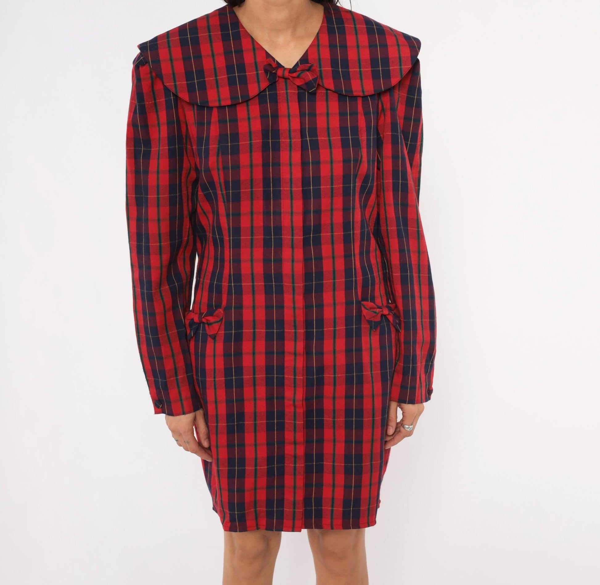 80s Sharon Young Plaid Shift Dress Red Navy Tartan Peter Pan Collar Large L