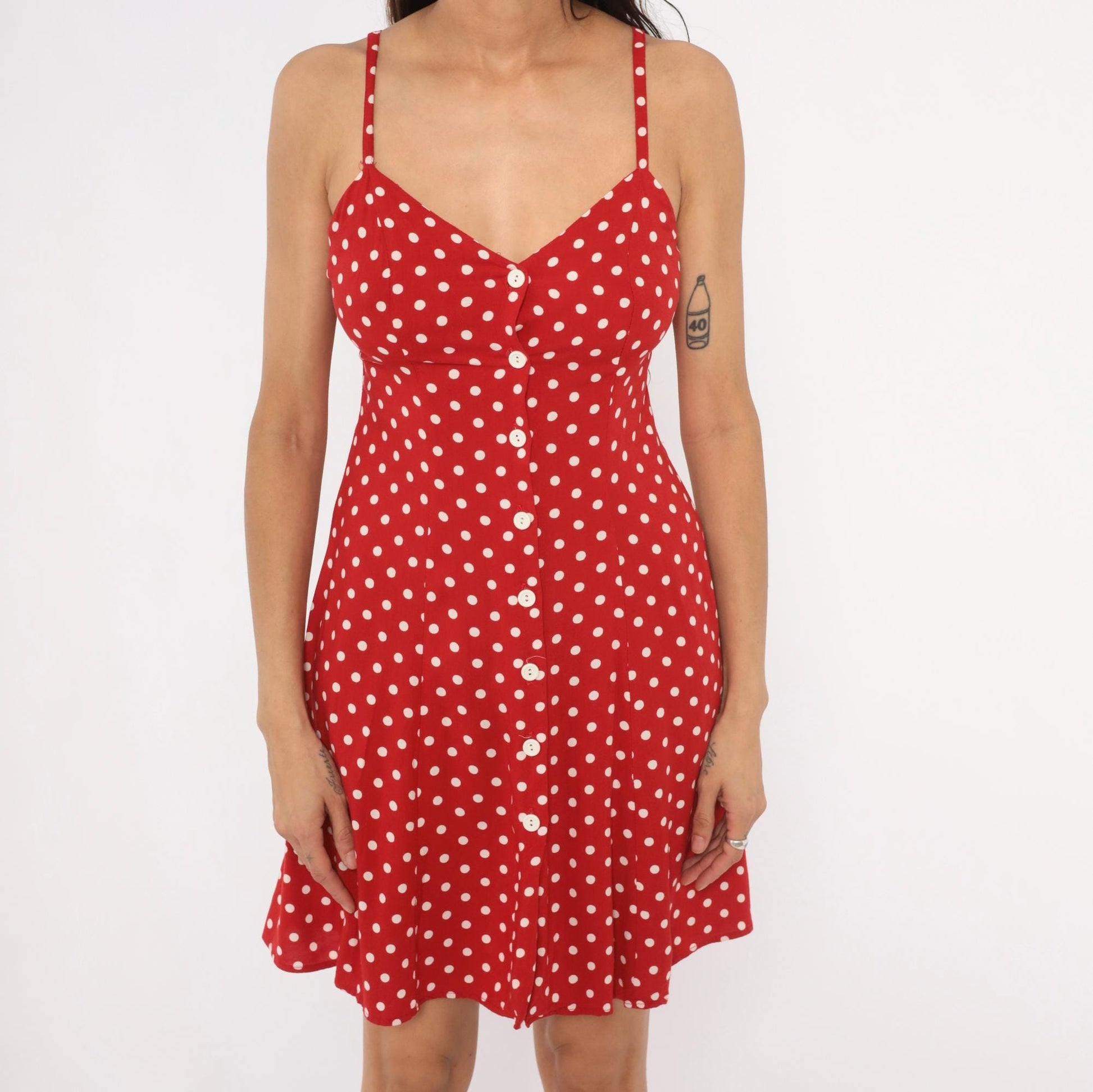 90s Moda INTL Red Polka Dot Sundress Spaghetti Strap V Neck Mini Small S