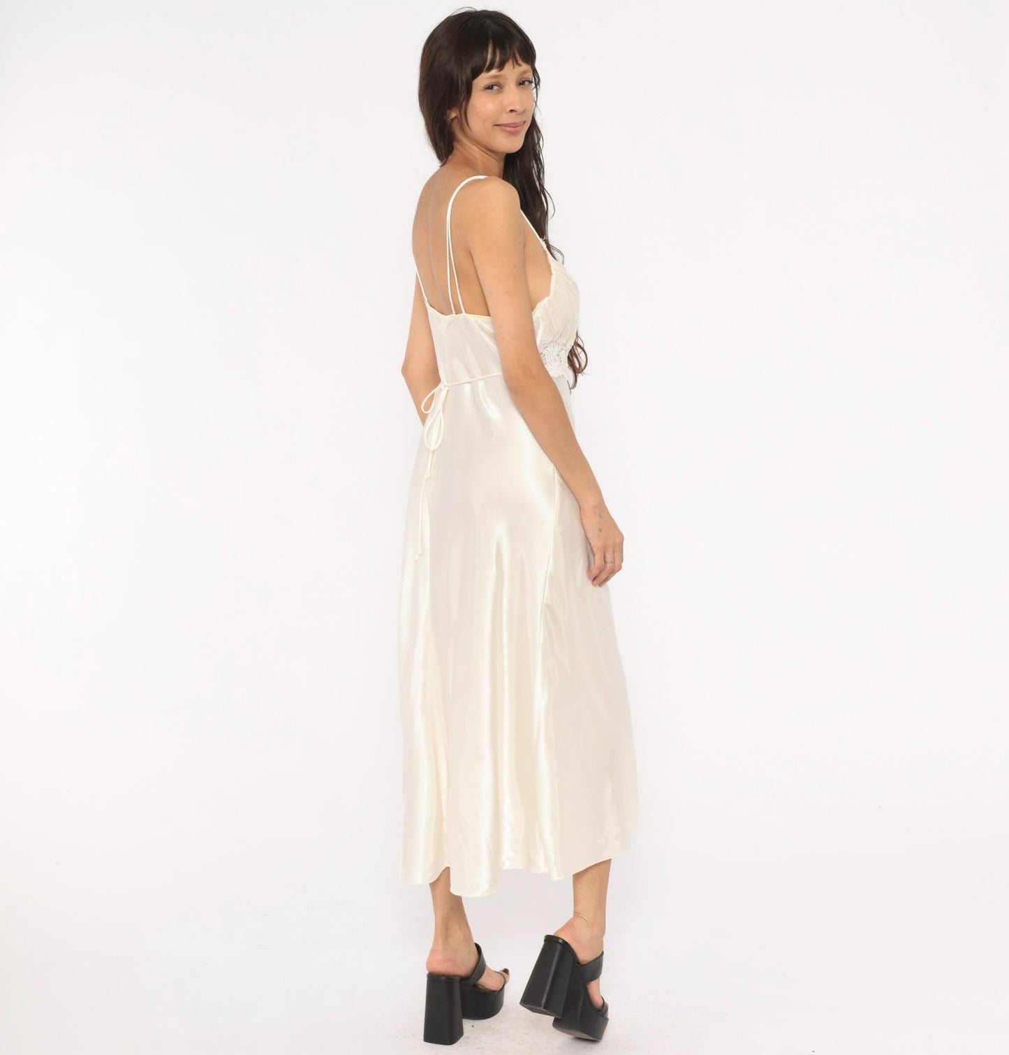 90s Just Flora Cream Satin Slip Dress Midi Lace Pleated Bust V Neck Large L