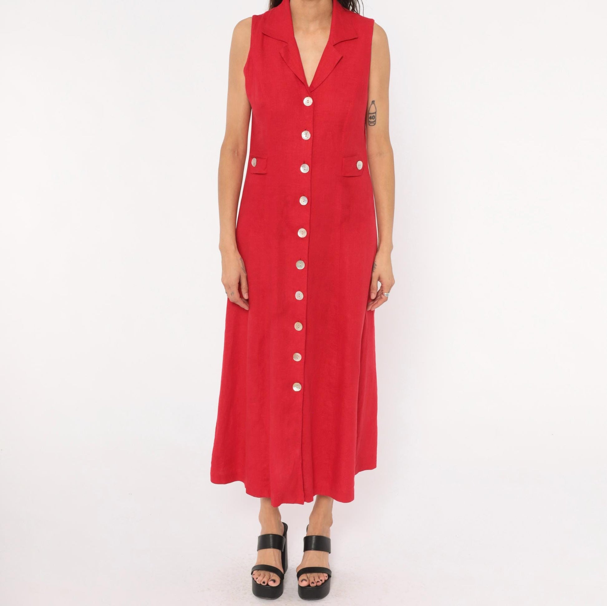 90s Ultra Dress Red Linen Button-Front Maxi Shirtdress Small S