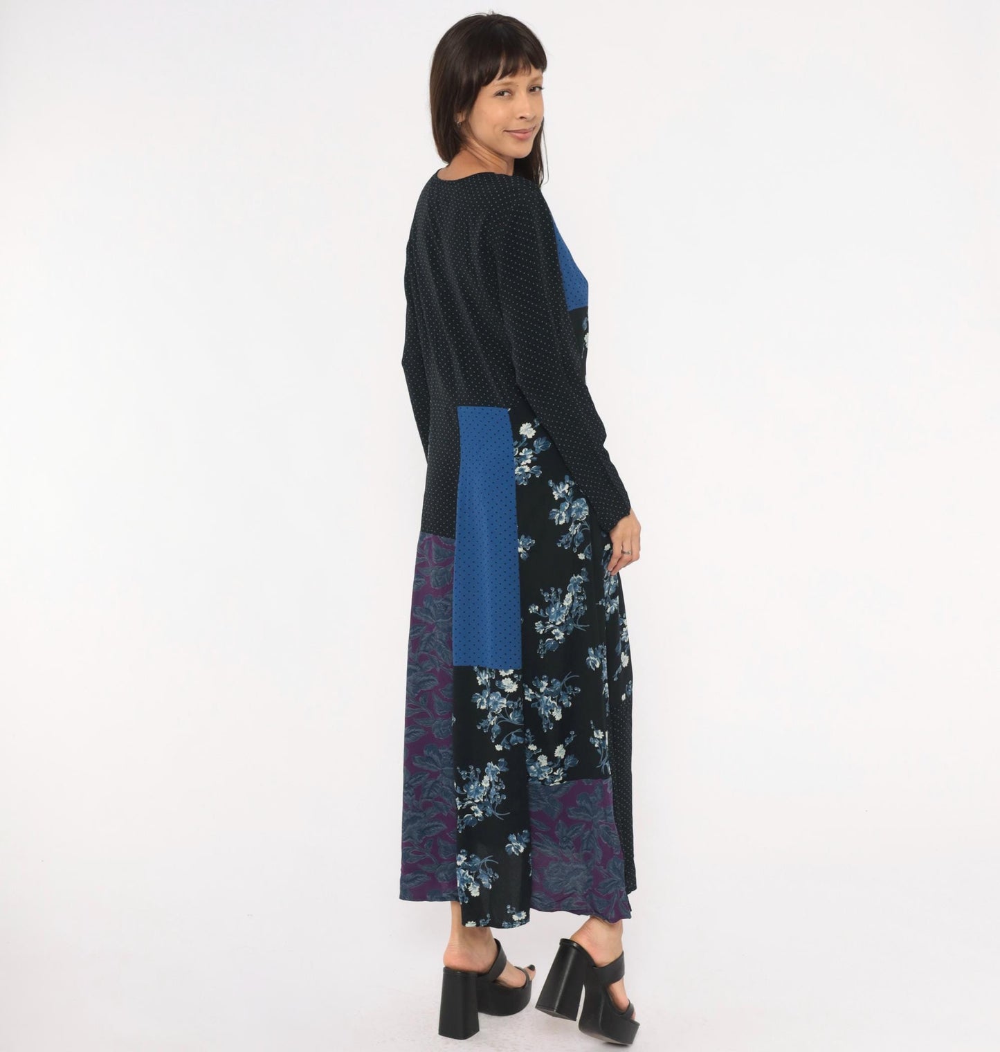 90s Carole Little Patchwork Floral Maxi Dress V Neck Button Front Medium M