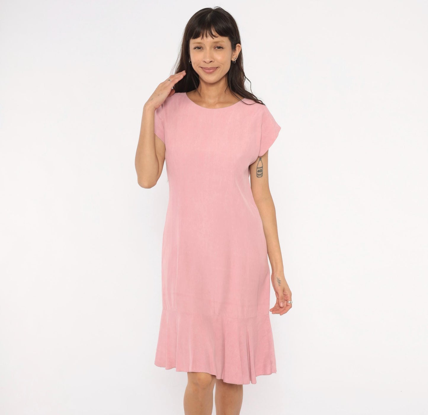 80s Damon Petite Dusty Rose Drop Waist Dress Cap Sleeve Knee Length Small S