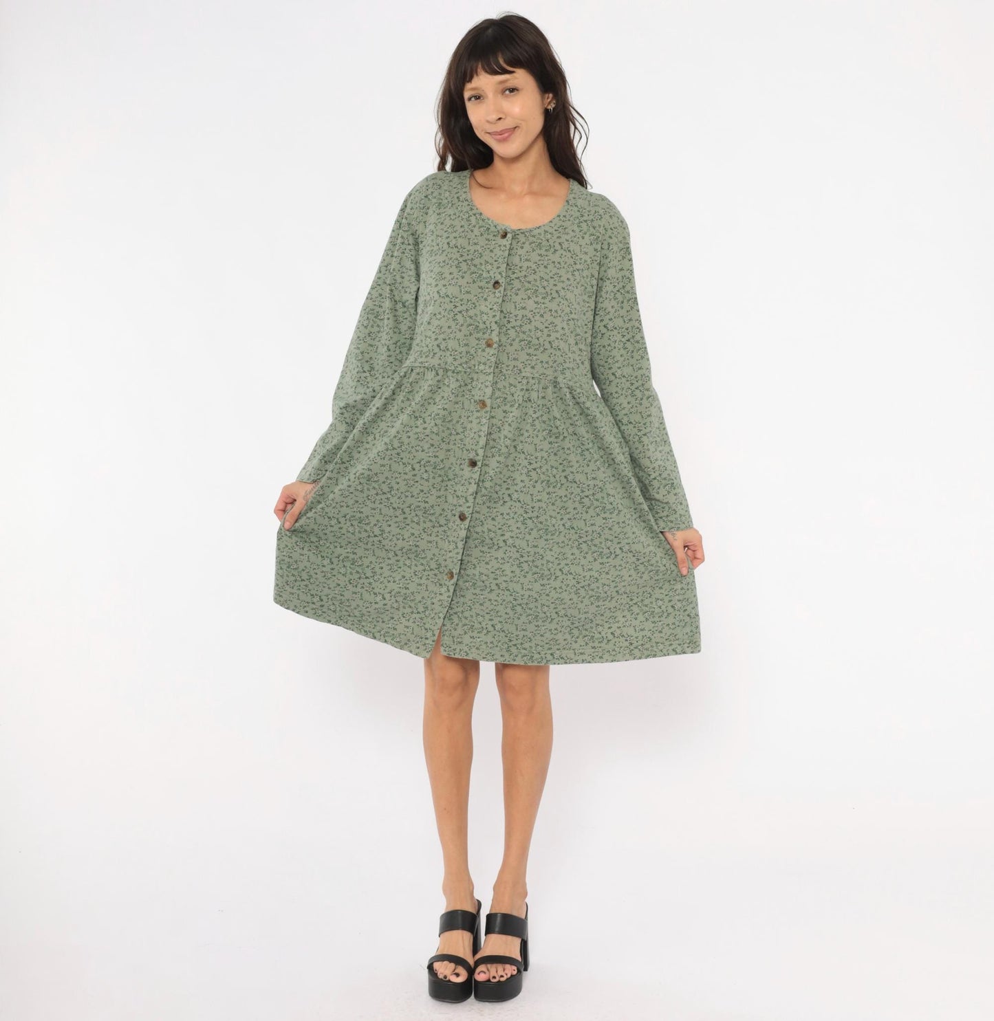 90s Sage Green Floral Button Front Dress Long Sleeve Cotton Prairie Gathered Waist Large L