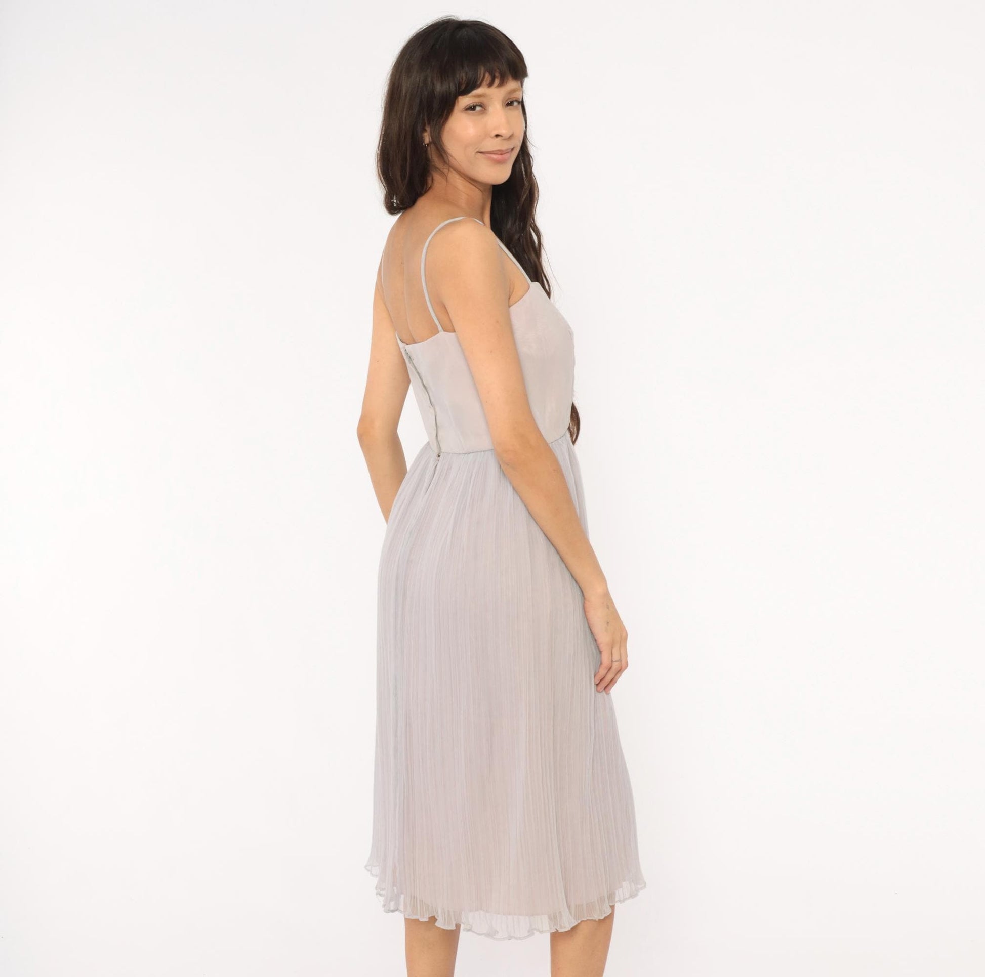 70s Lee Jordan Lavender Midi Dress Square Neck Pleated Chiffon Extra Small XS