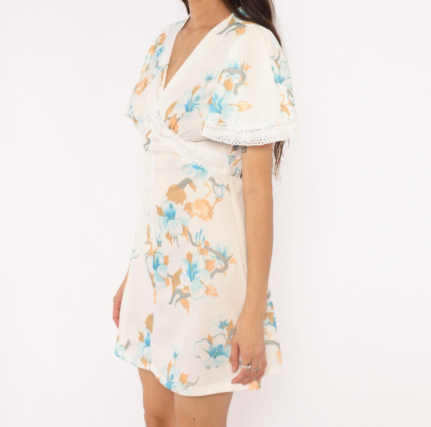 70s Sears Floral Mini Dress Flutter Sleeve V Neck White Blue Peach Small S