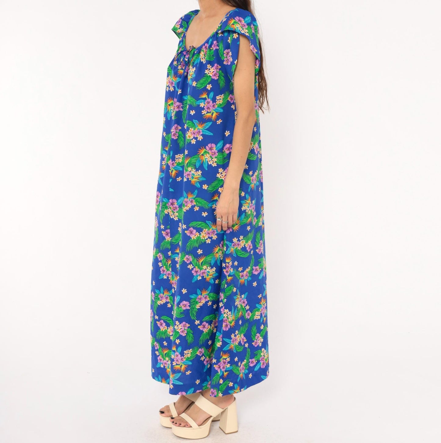 80s Hilo Hatties Hawaiian Maxi Dress Cobalt Blue Floral Palm Leaf Medium