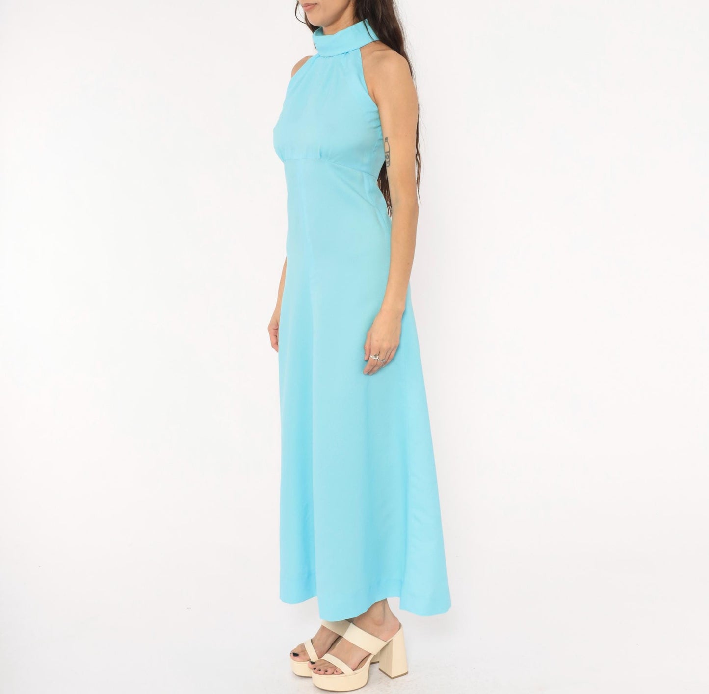 70s Sky Blue Halter Maxi Dress High Neck Sleeveless A-Line Small