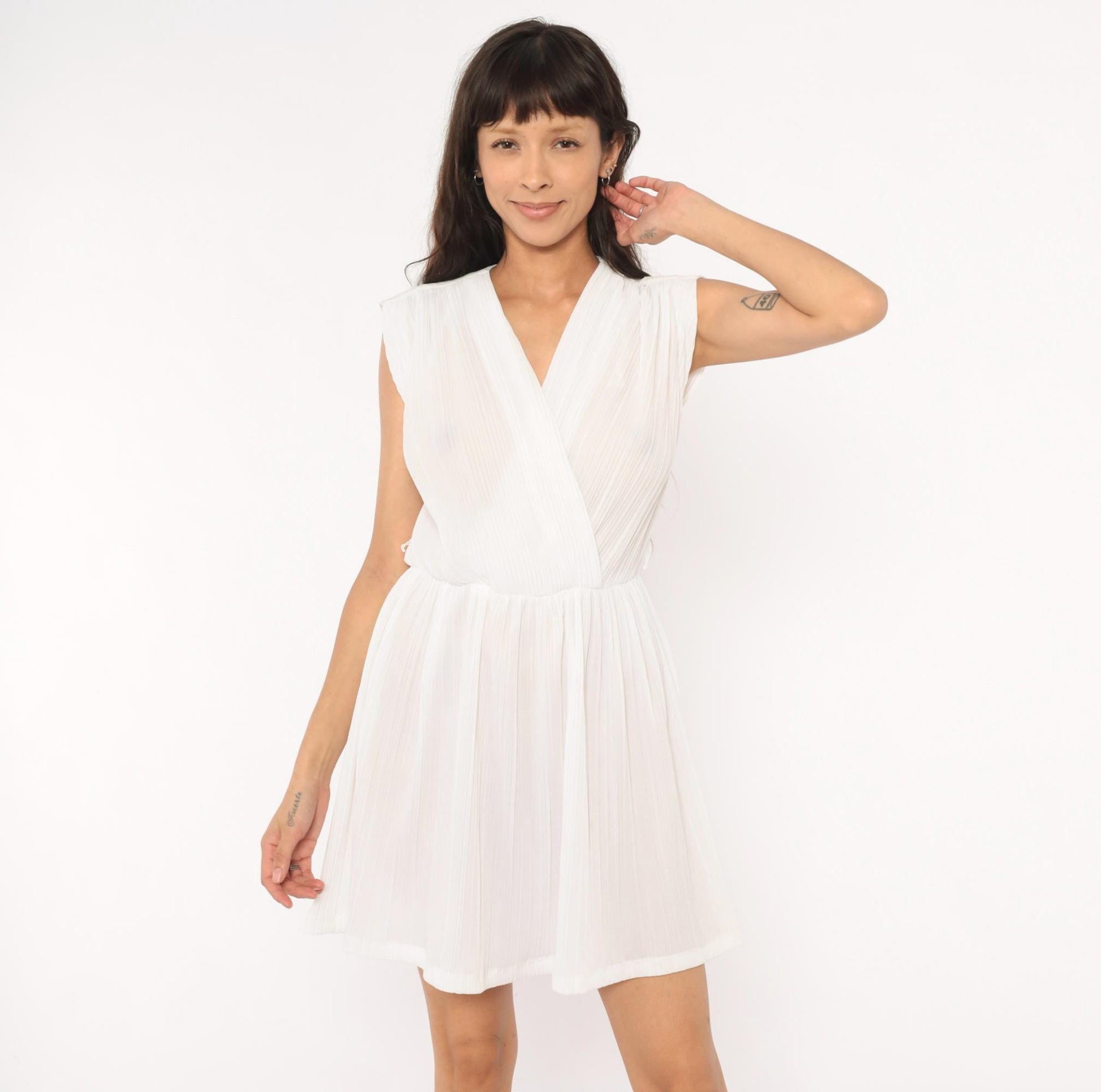 80s Jenny White Pleated Wrap Dress Chiffon V Neck Cap Shoulder Mini Small Medium