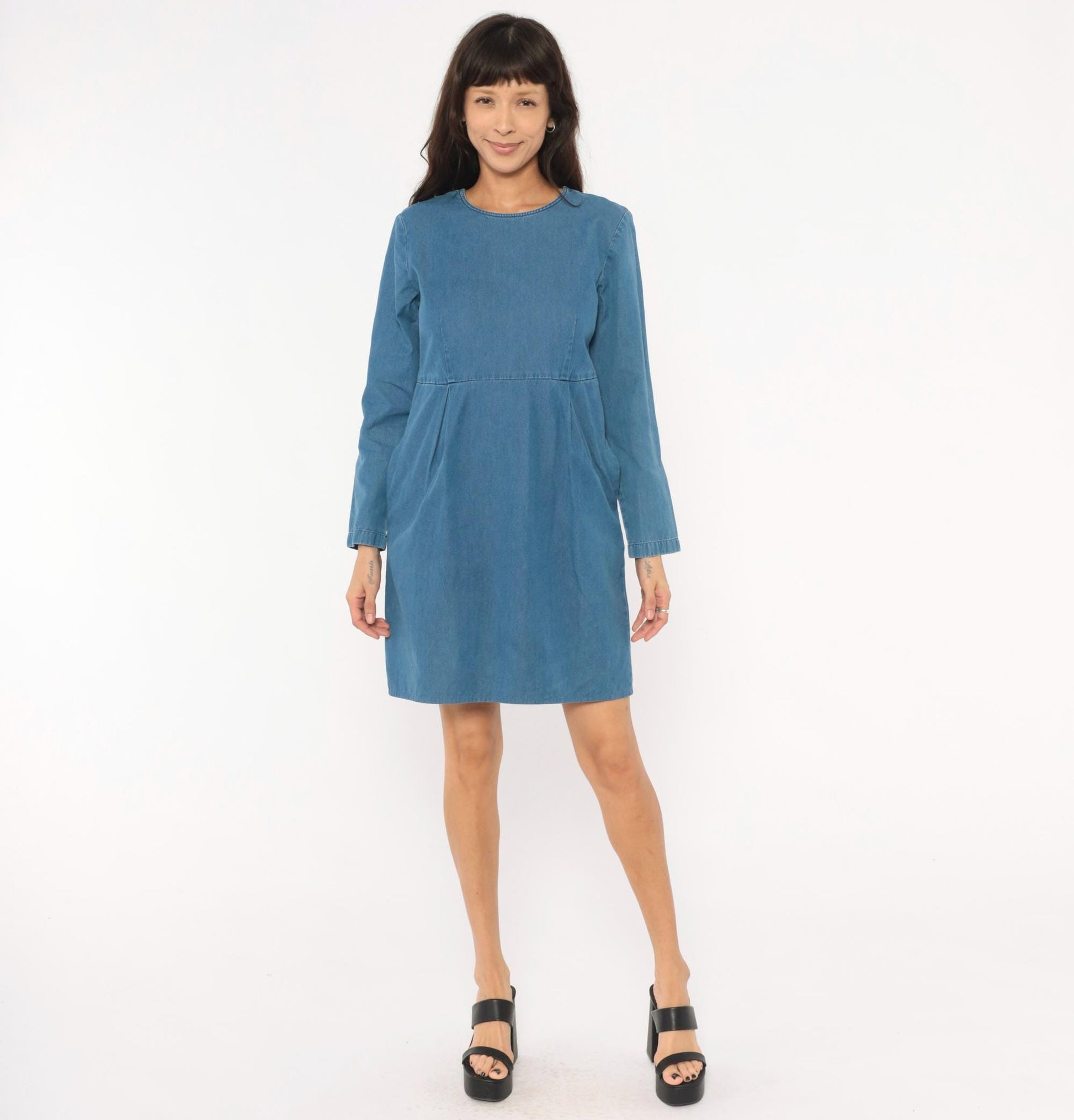 90s Talbots Denim Dress Knee Length Cotton Chambray Long Sleeve Medium M