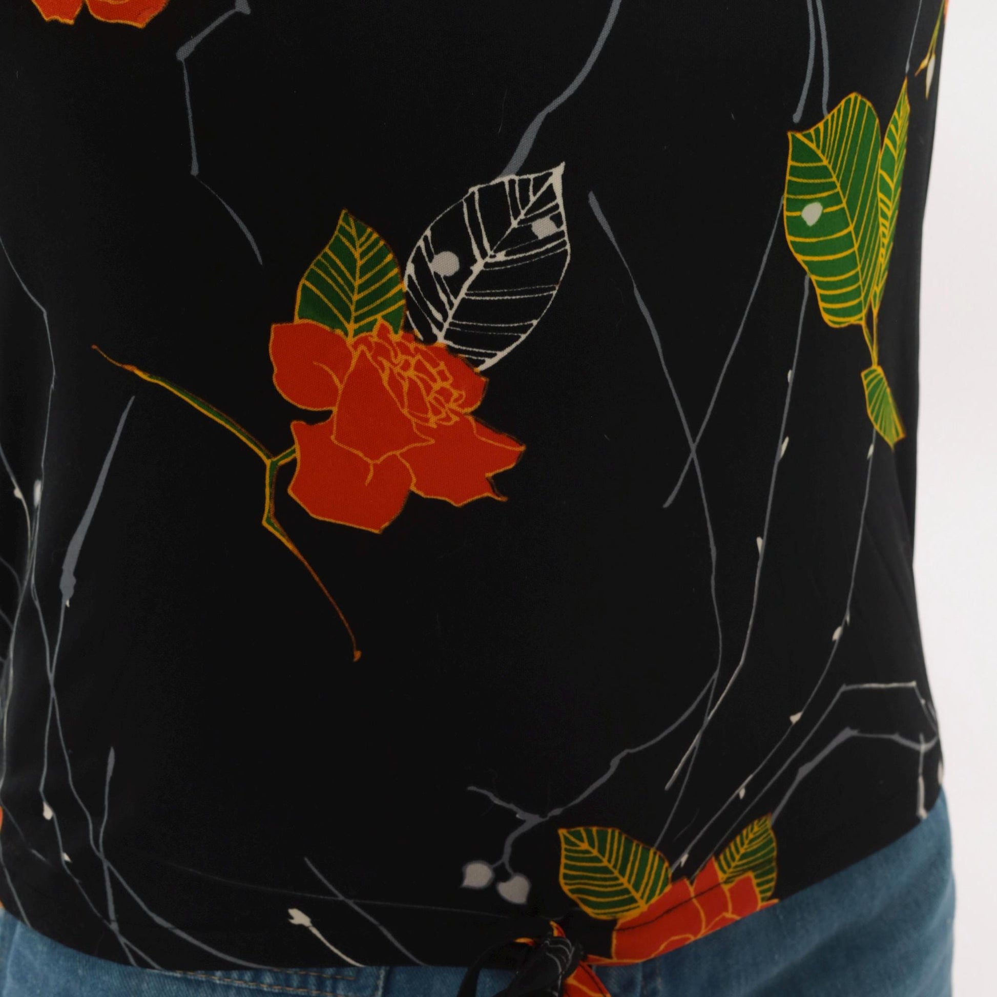 70s Lady Manhattan Cowl Neck Blouse Black Orange Rose Print Long Sleeve Small