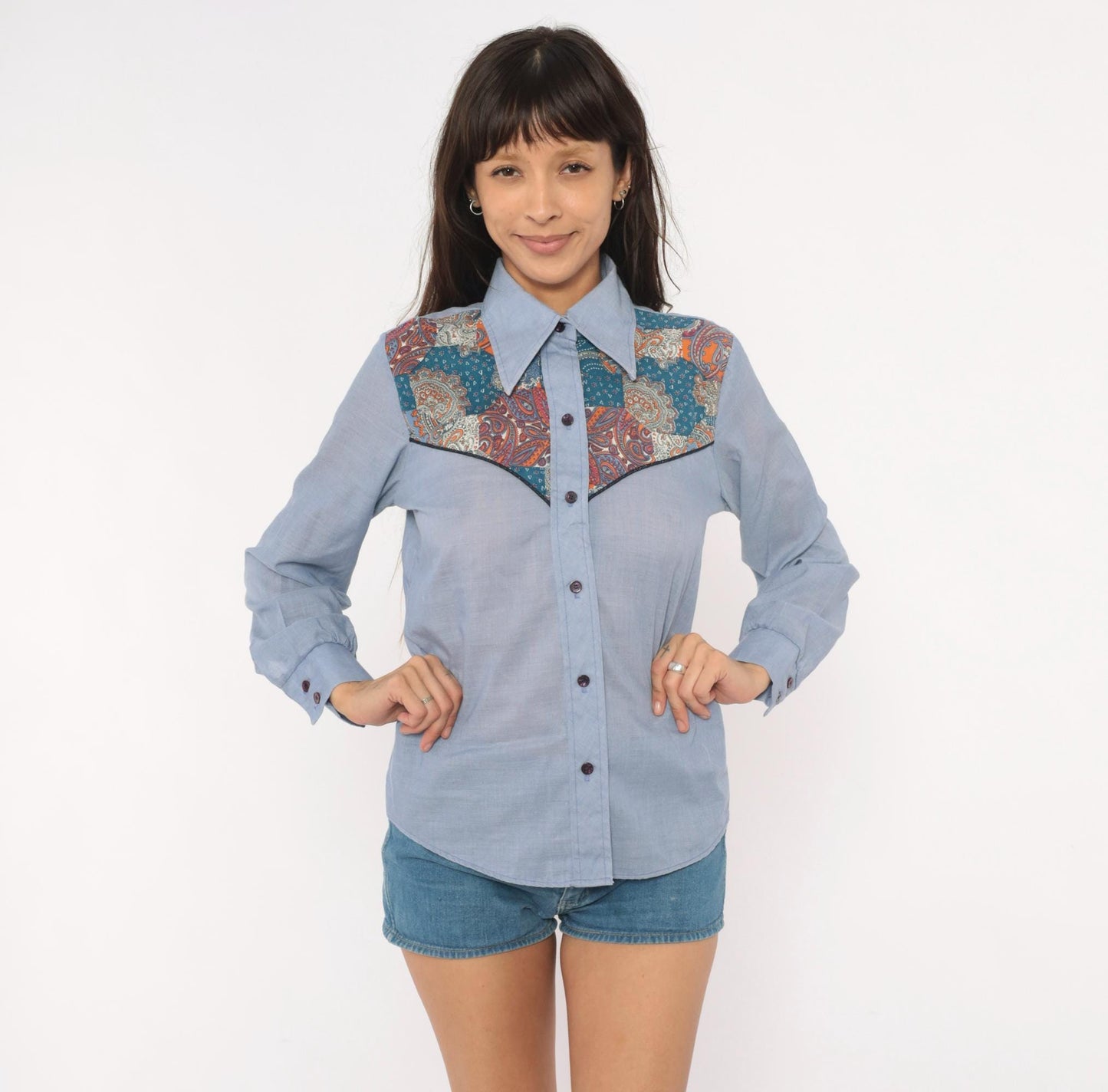 70s Paisley Western Chambray Shirt Pointed Collar Cotton Yoke Blouse Medium