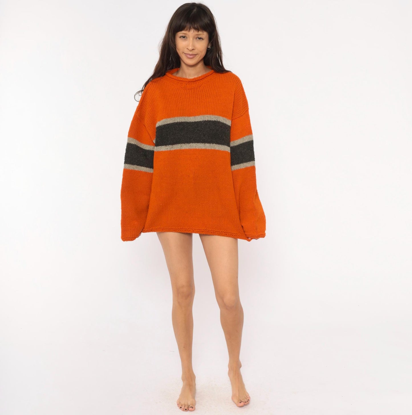 90s Sisandina Handicrafts Wool Sweater Burnt Orange Striped Chunky Knit Large