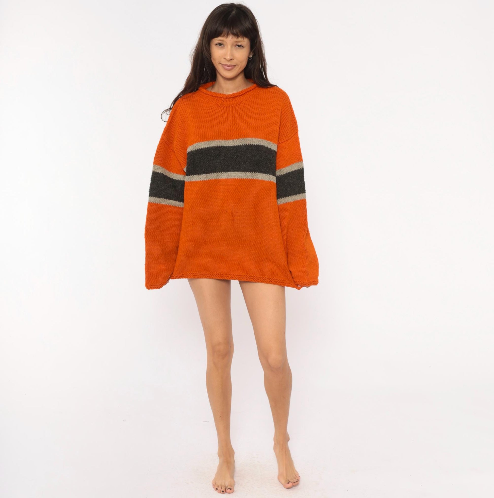 90s Sisandina Handicrafts Wool Sweater Burnt Orange Striped Chunky Knit Large