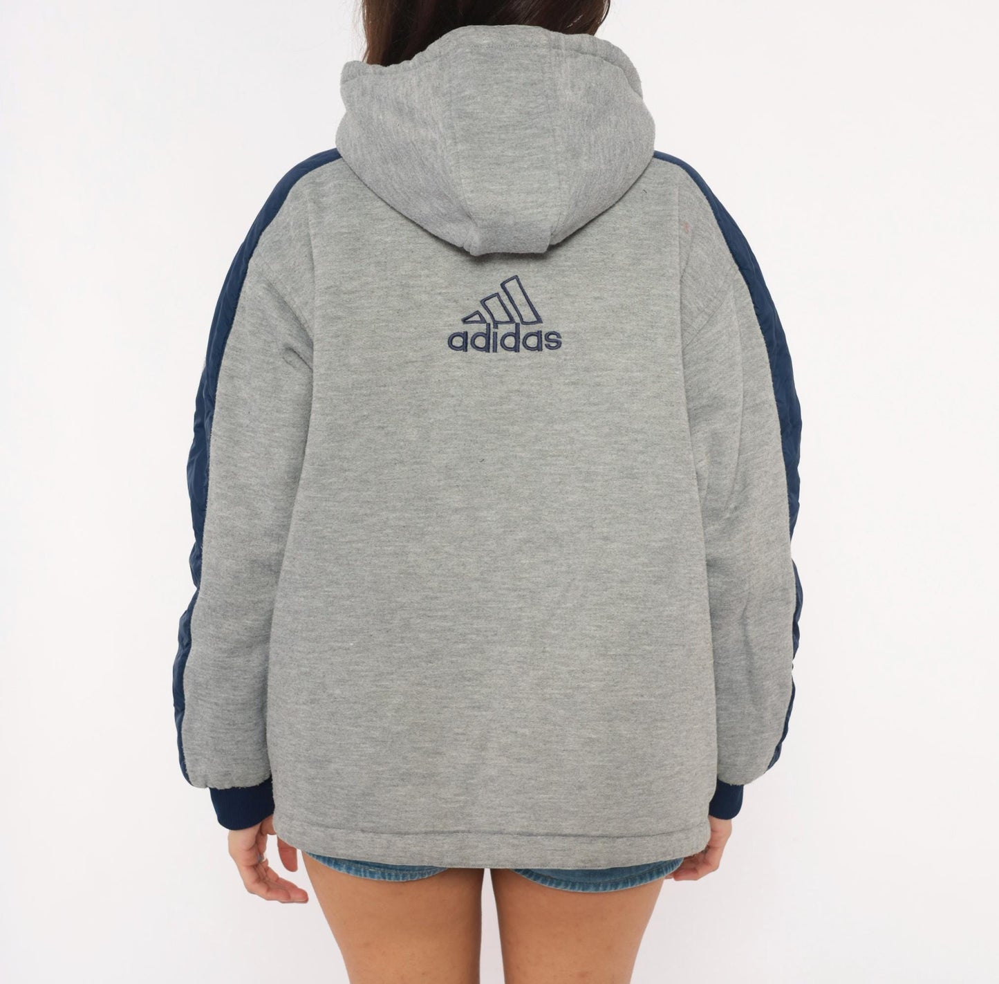 90s Adidas Reversible Windbreaker Hoodie Navy Grey Three Stripe Jacket Large L