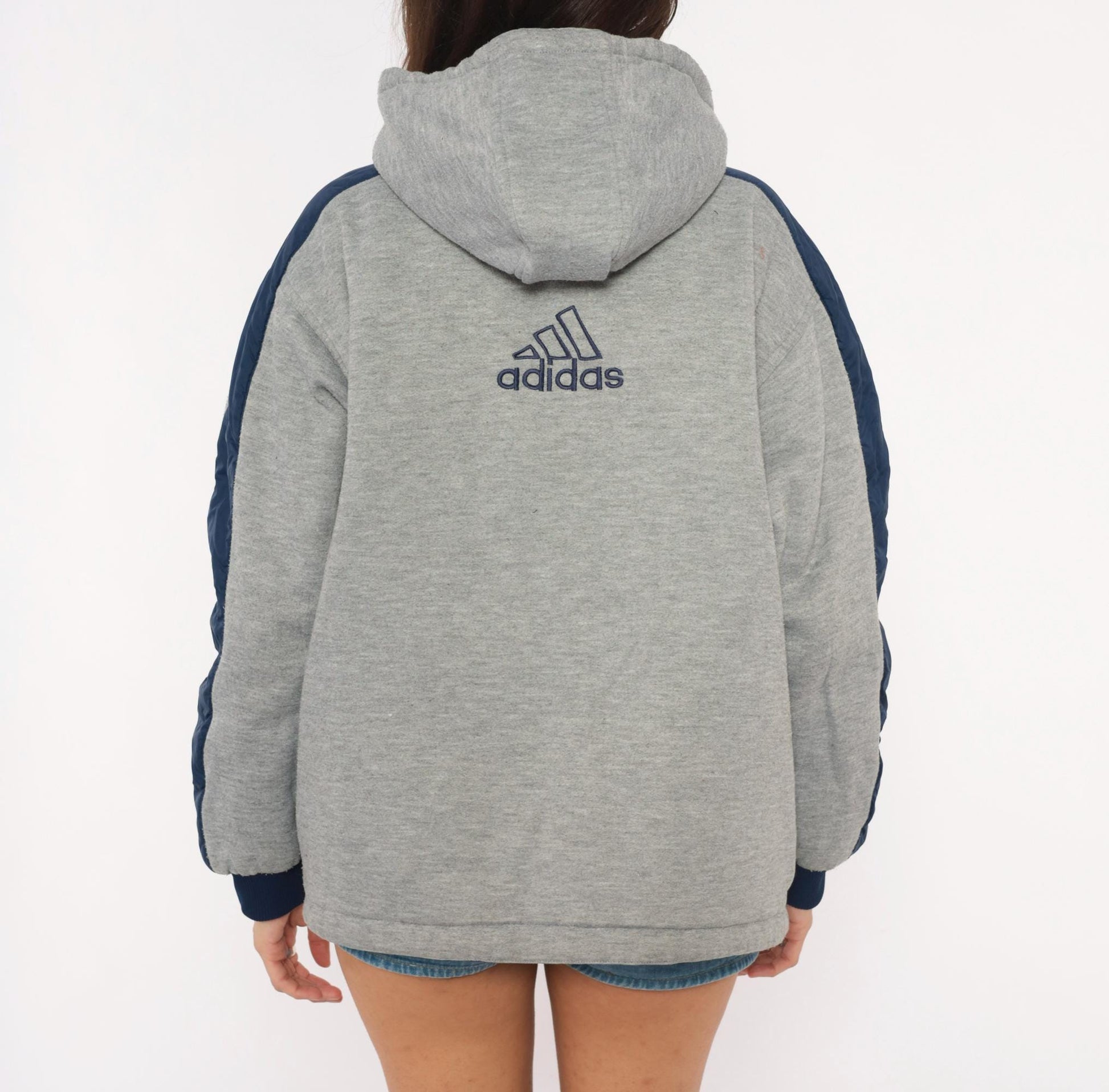 90s Adidas Reversible Windbreaker Hoodie Navy Grey Three Stripe Jacket Large L