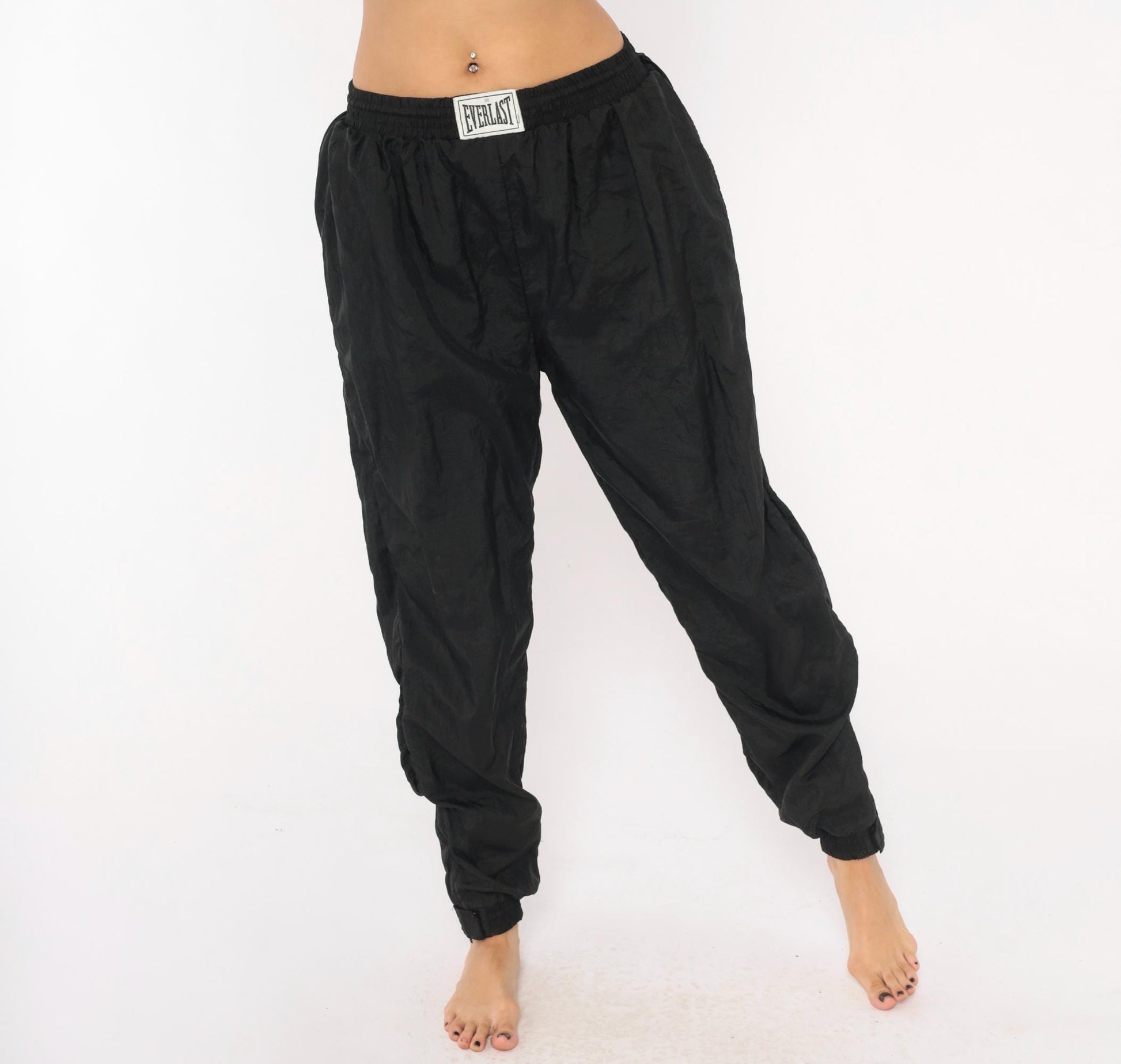 90s Everlast Black Nylon Track Pants Tapered Ankle Zip Medium M