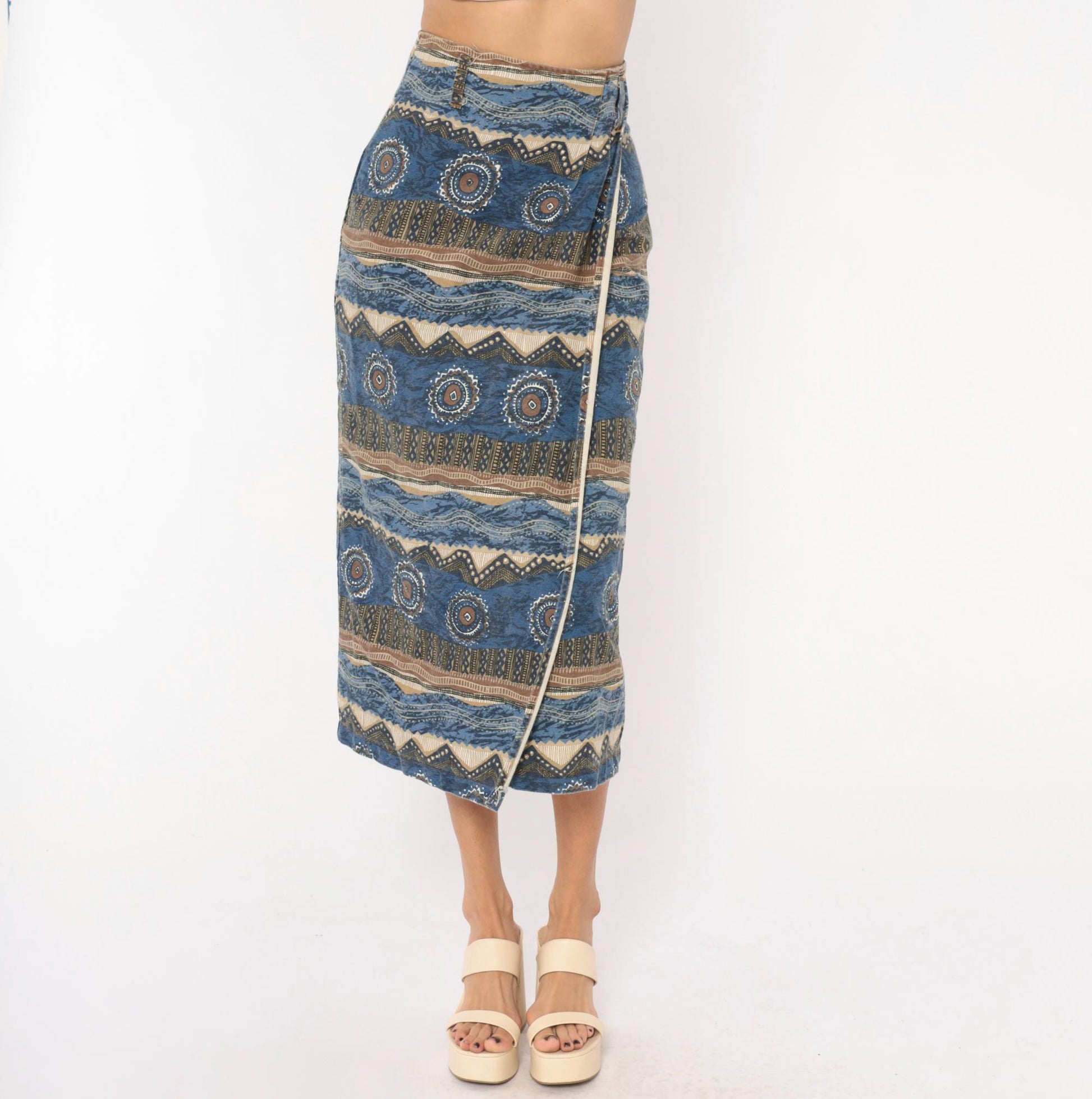 90s Southwestern Tribal Midi Skirt Blue Cream Cotton High Waist Wrap Small