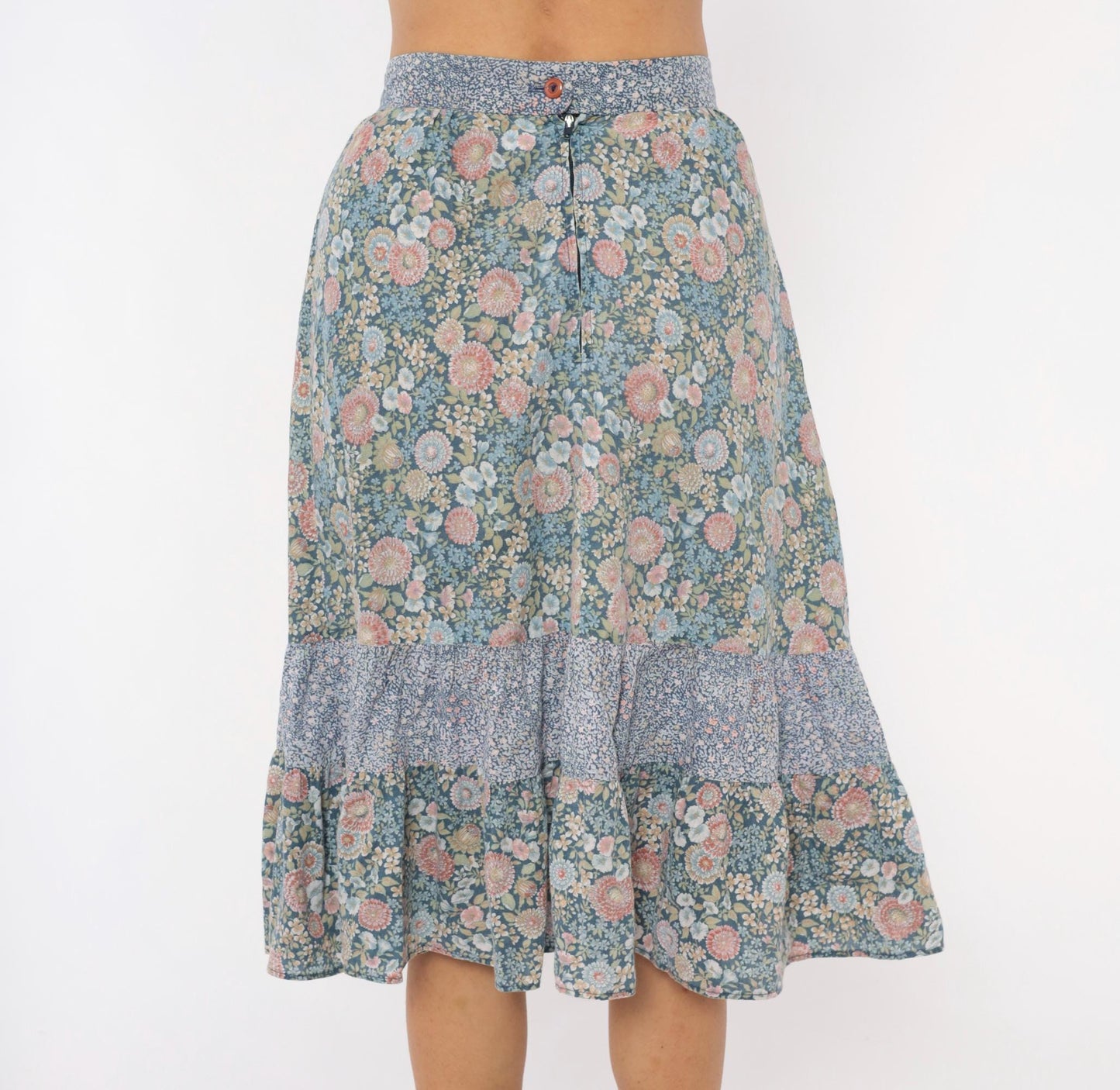 70s Floral Prairie Skirt Cotton Tiered Ruffle Dusty Blue Pink Extra Small XS