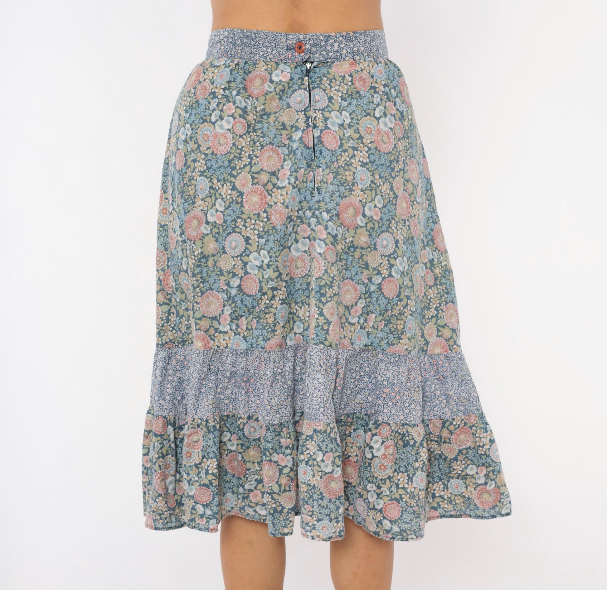 70s Floral Prairie Skirt Cotton Tiered Ruffle Dusty Blue Pink Extra Small XS