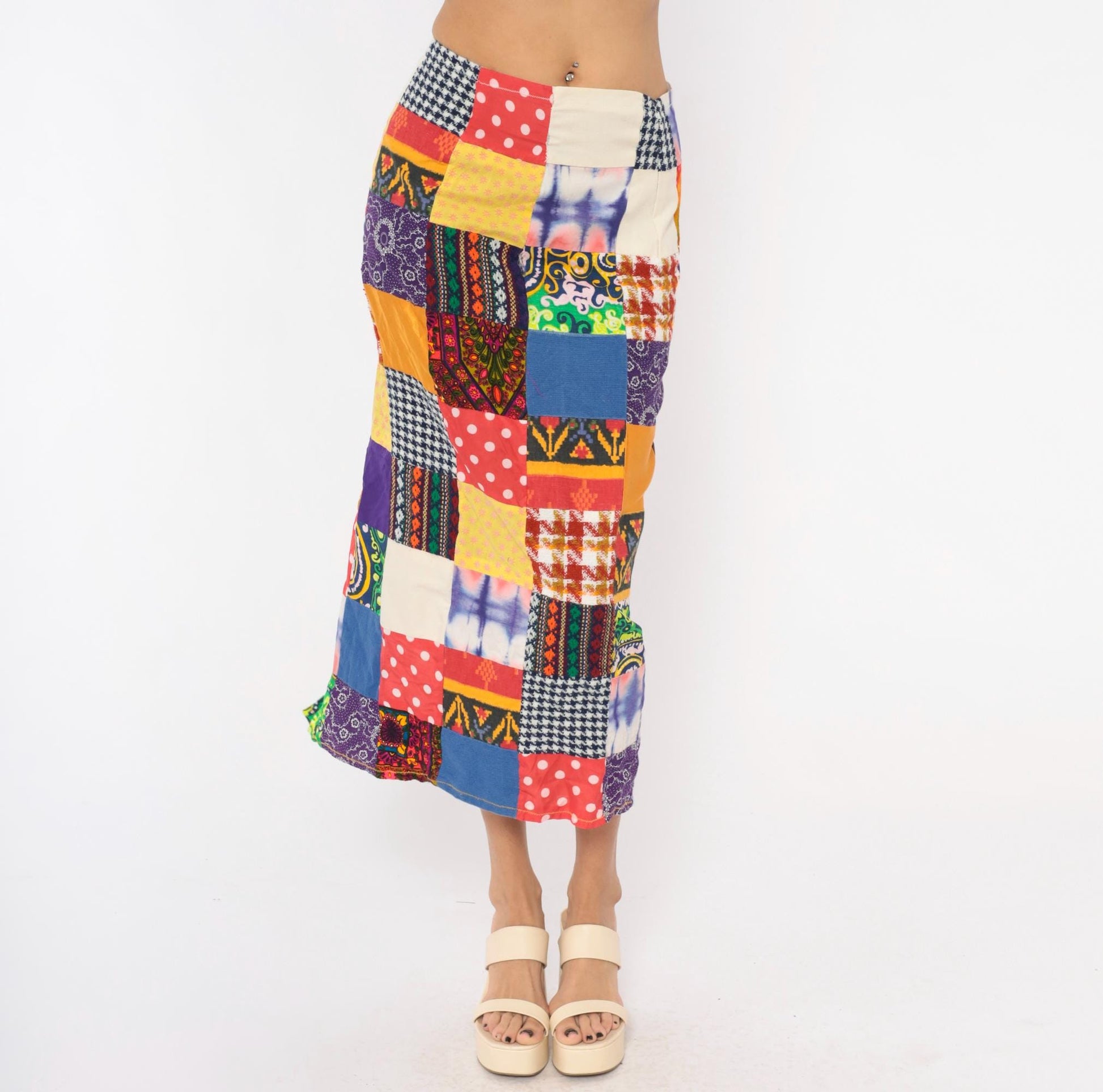 70s Patchwork Midi Skirt Quilted Multicolor High Waist Pencil Small