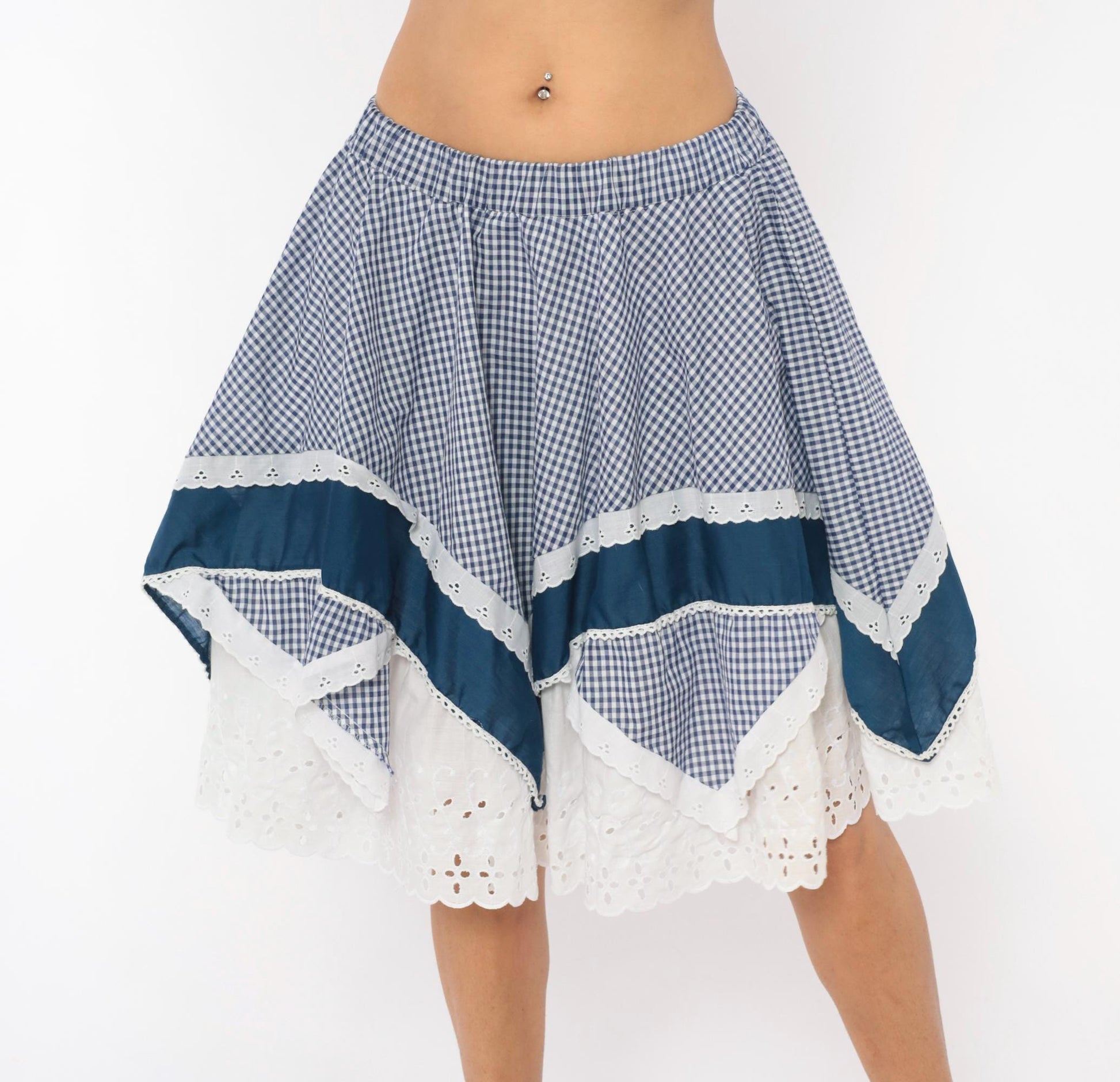 80s Jeri Bee Gingham Circle Skirt Blue White Eyelet Lace Trim Small