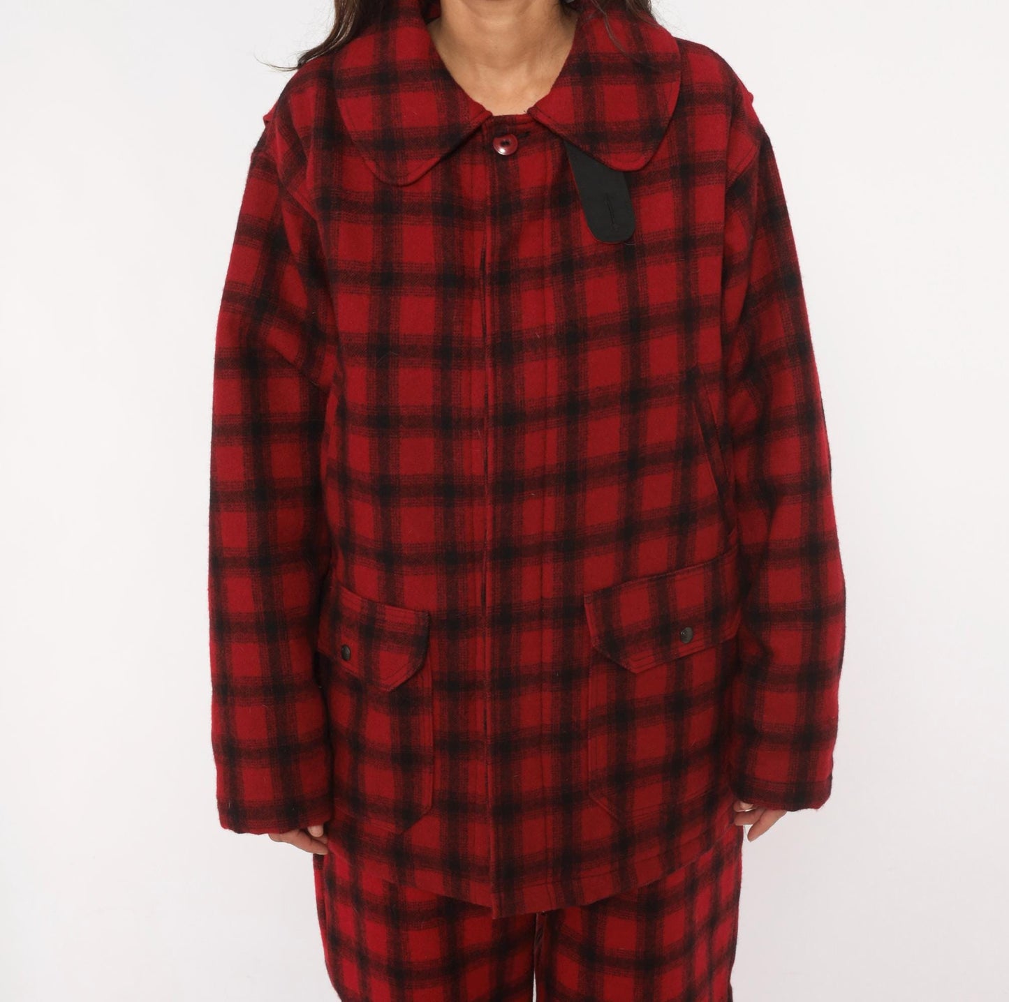 80s Woolrich Buffalo Plaid Wool Hunting Jacket Black Red Peter Pan Collar Large L