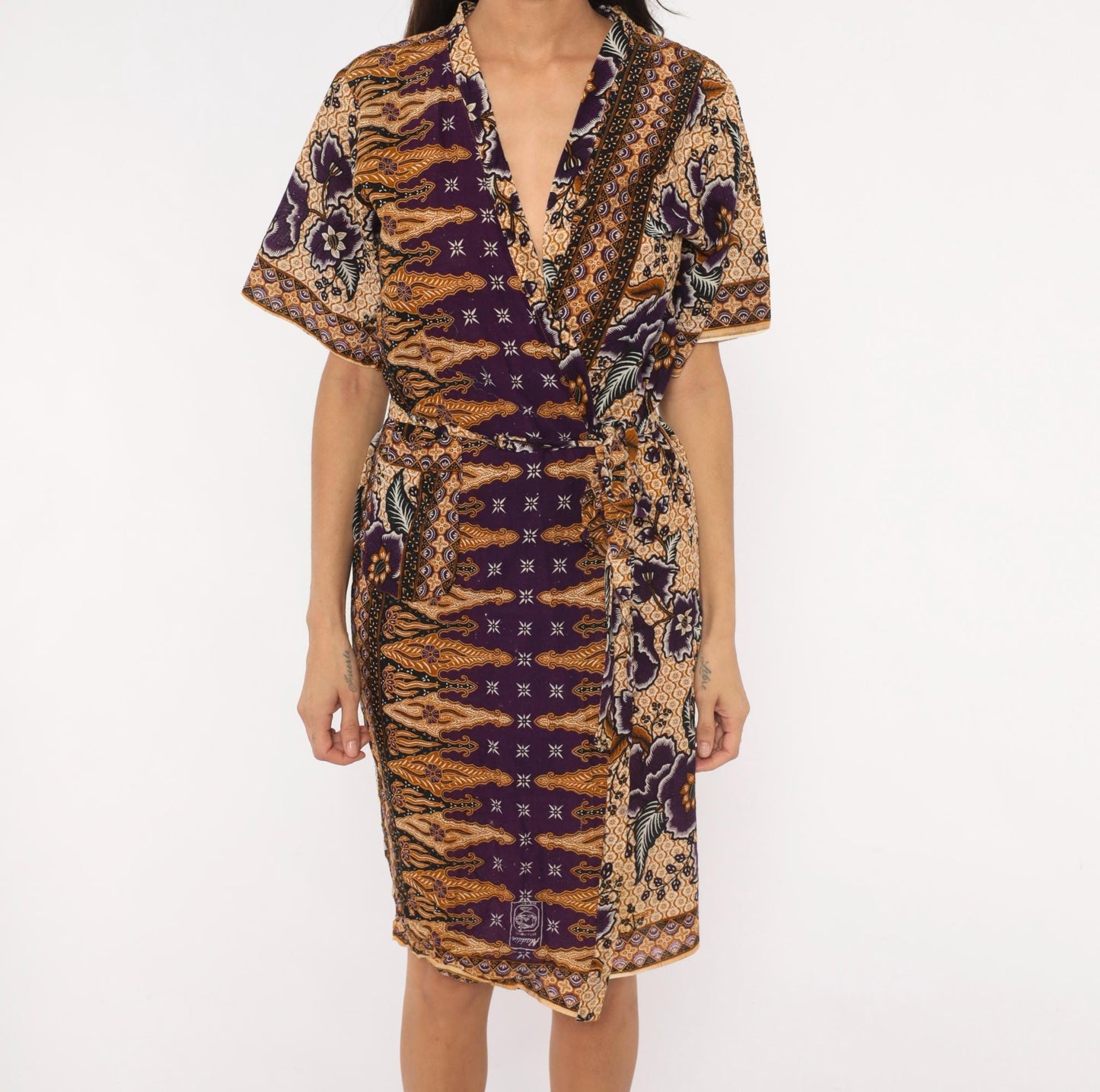 90s Batik Keris Wrap Dress Purple Mustard Floral Kimono Sleeve Small