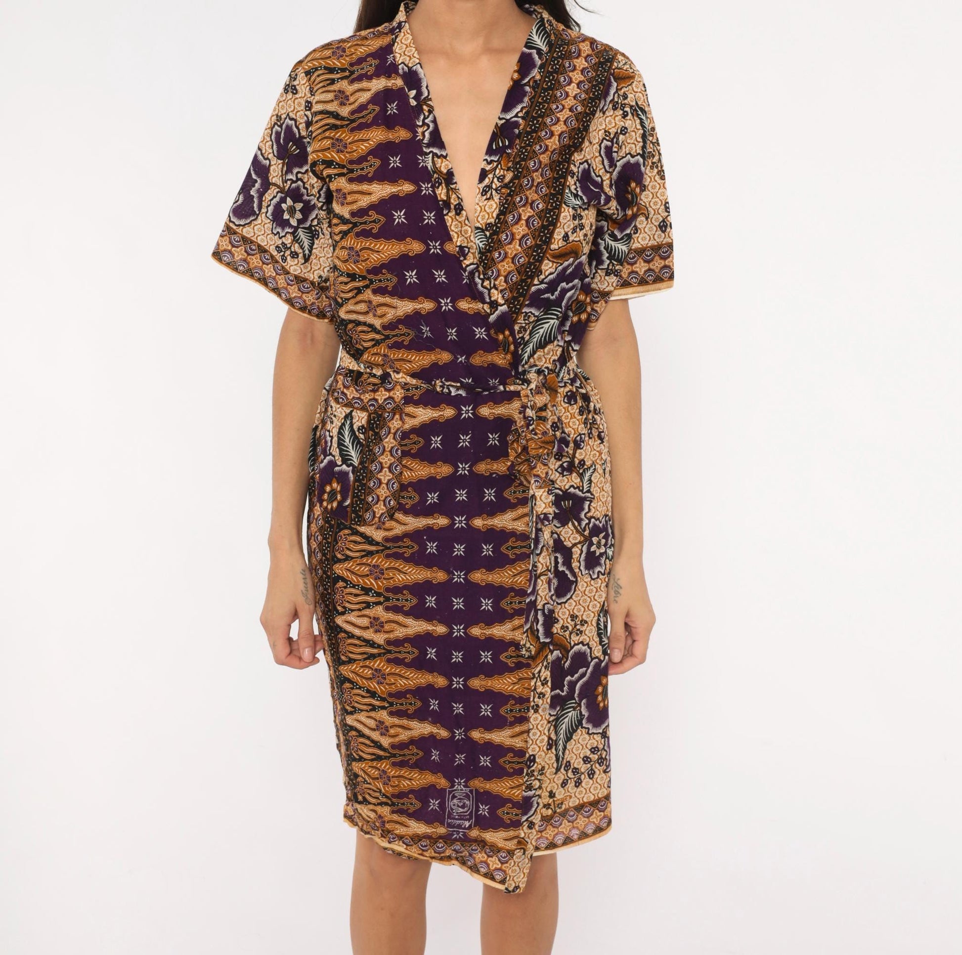 90s Batik Keris Wrap Dress Purple Mustard Floral Kimono Sleeve Small