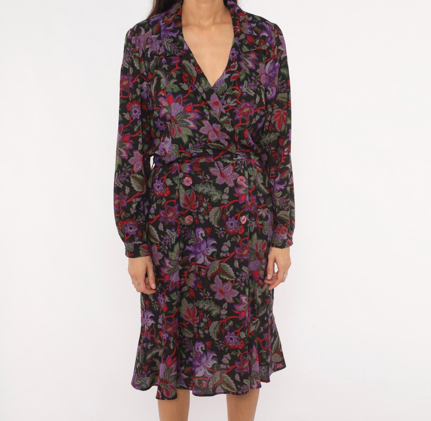 90s Breli Originals Floral Wrap Dress V Neck Long Sleeve Black Purple Small