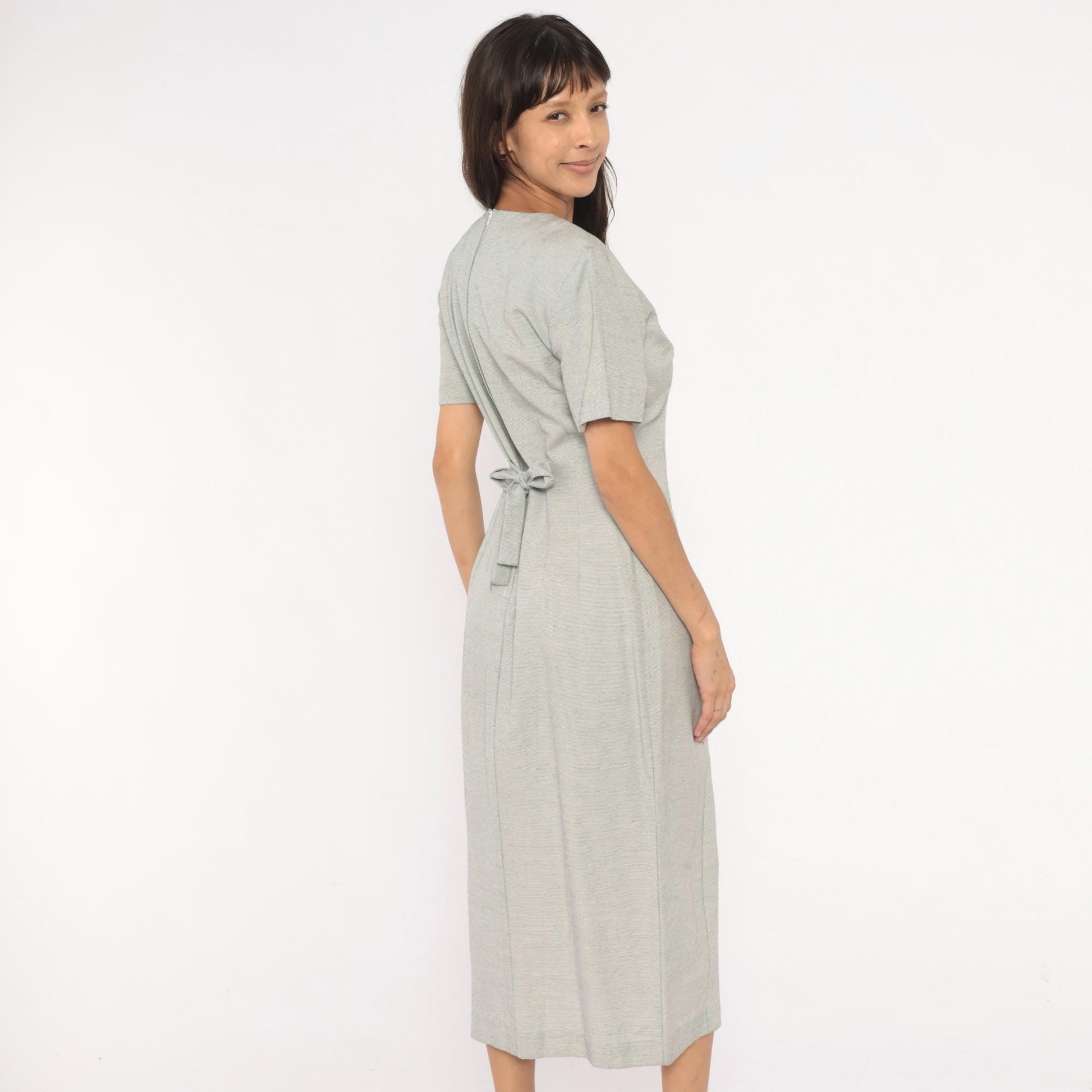 90s DJI Grey Midi Dress Soutache Embroidered Button Front V Neck Medium M