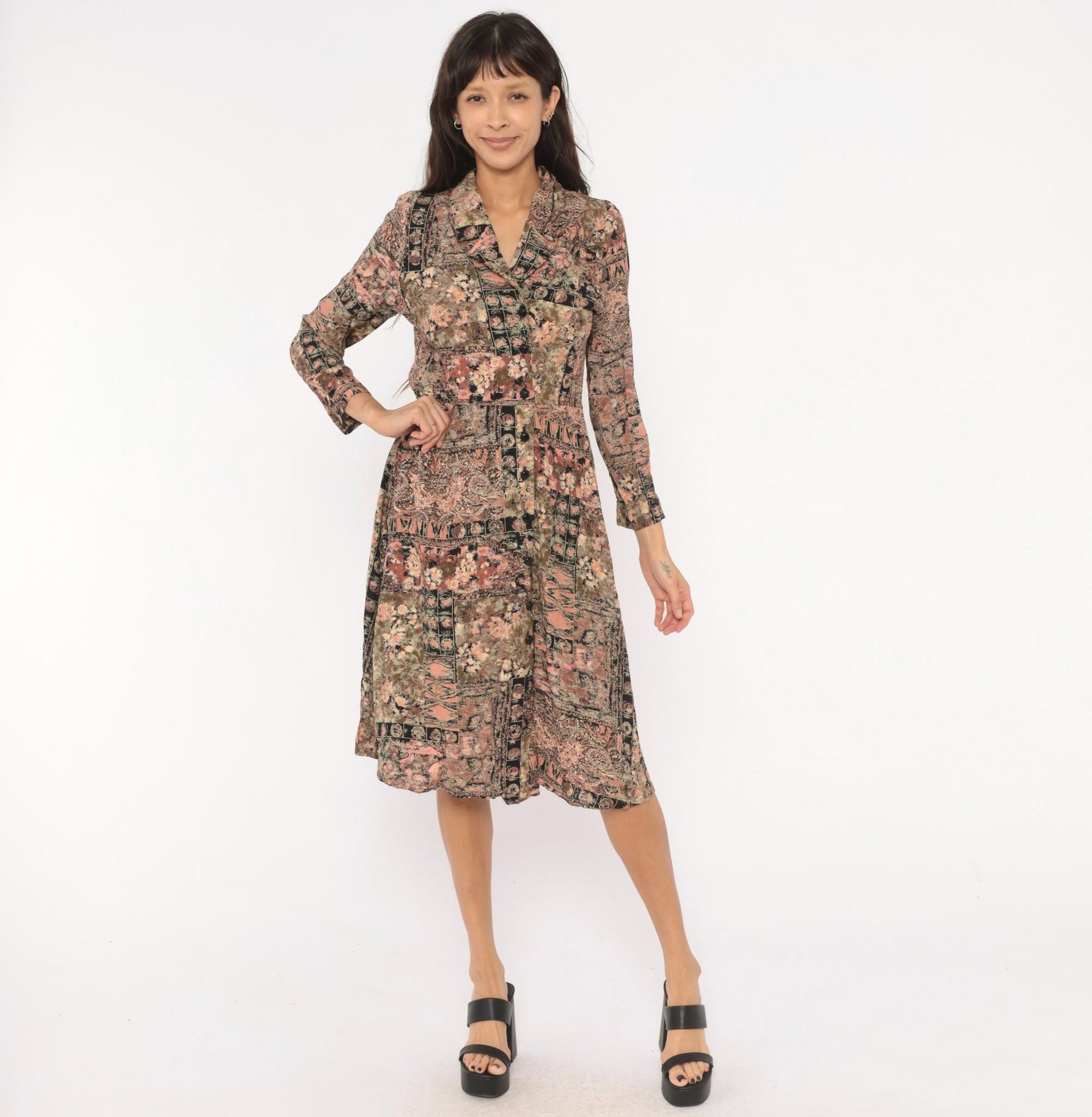 90s Patchwork Floral Midi Dress Paisley Mixed Print Pink Black Olive Small