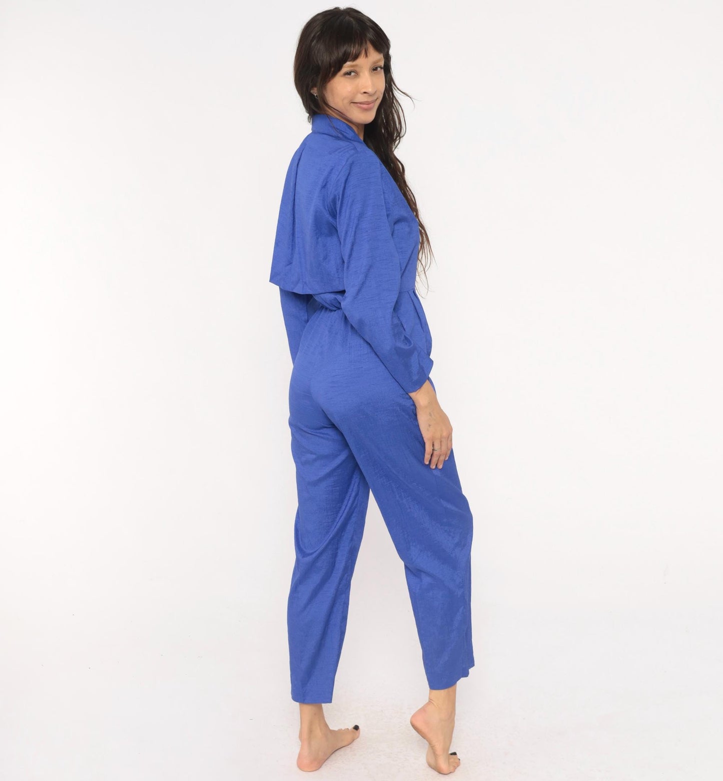80s Joan Walters Cobalt Jumpsuit Long Sleeve Pleated Tapered Small