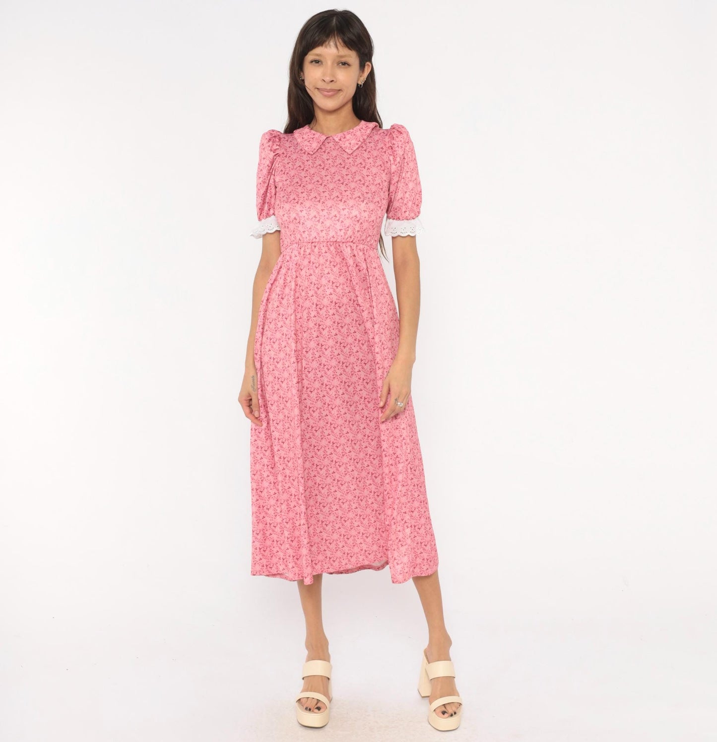 Y2K Pink Floral Midi Dress Puff Sleeve Peter Pan Collar Eyelet Lace Small S